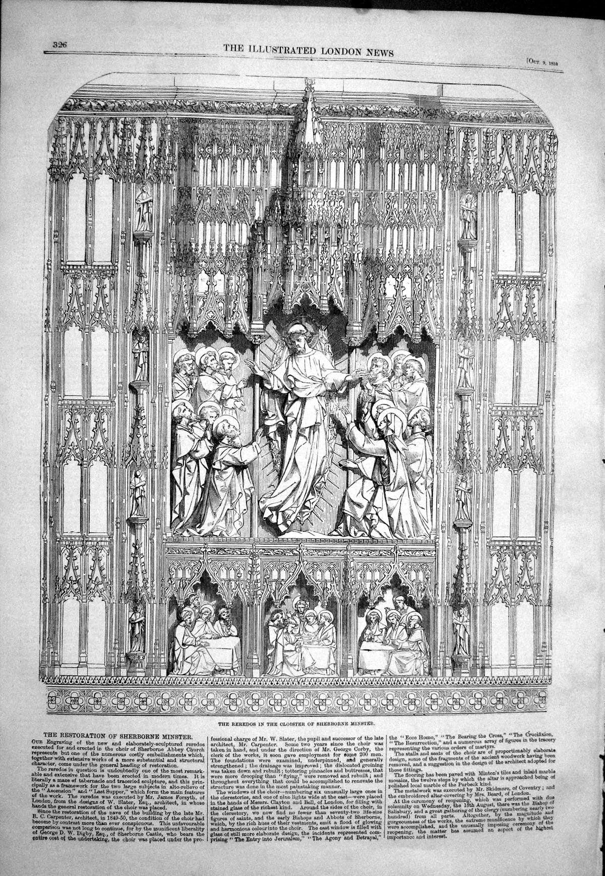 Old Antique Print 1858 Reredos Cloister Sherbourne Minster Abbey Church 19th