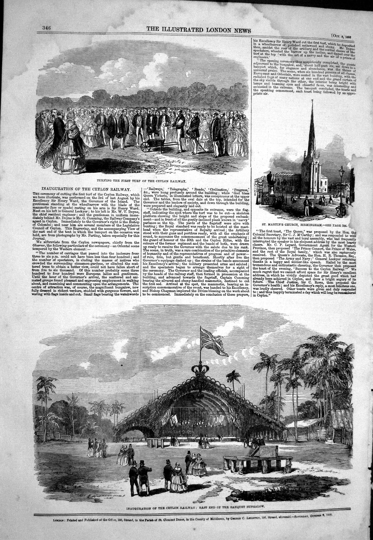 Old 1858 Inauguration Ceylon Railway Banquet Bungalow St. Martin'S Ch Victorian