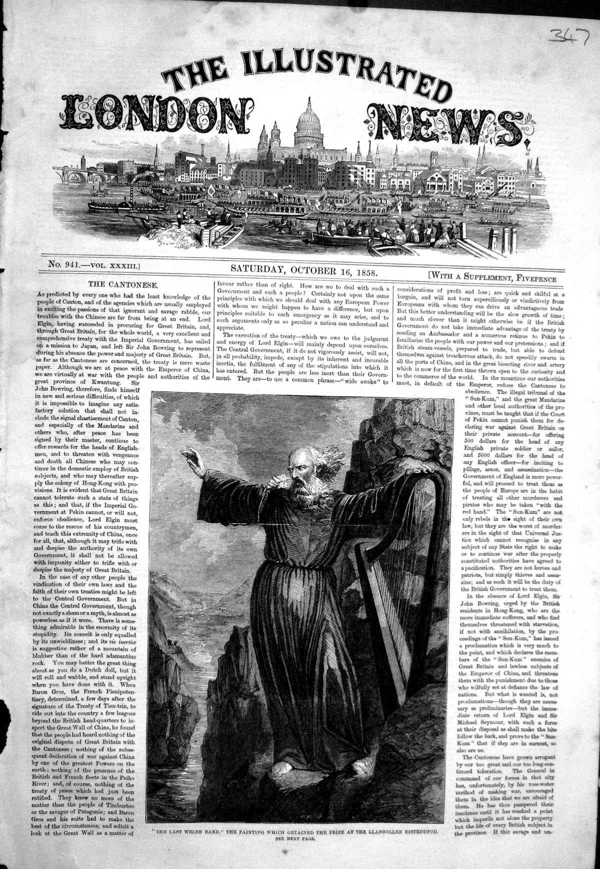 Original Old Antique Print 1858 Last Welsh Bard Llangollen Eisteddfod Victorian