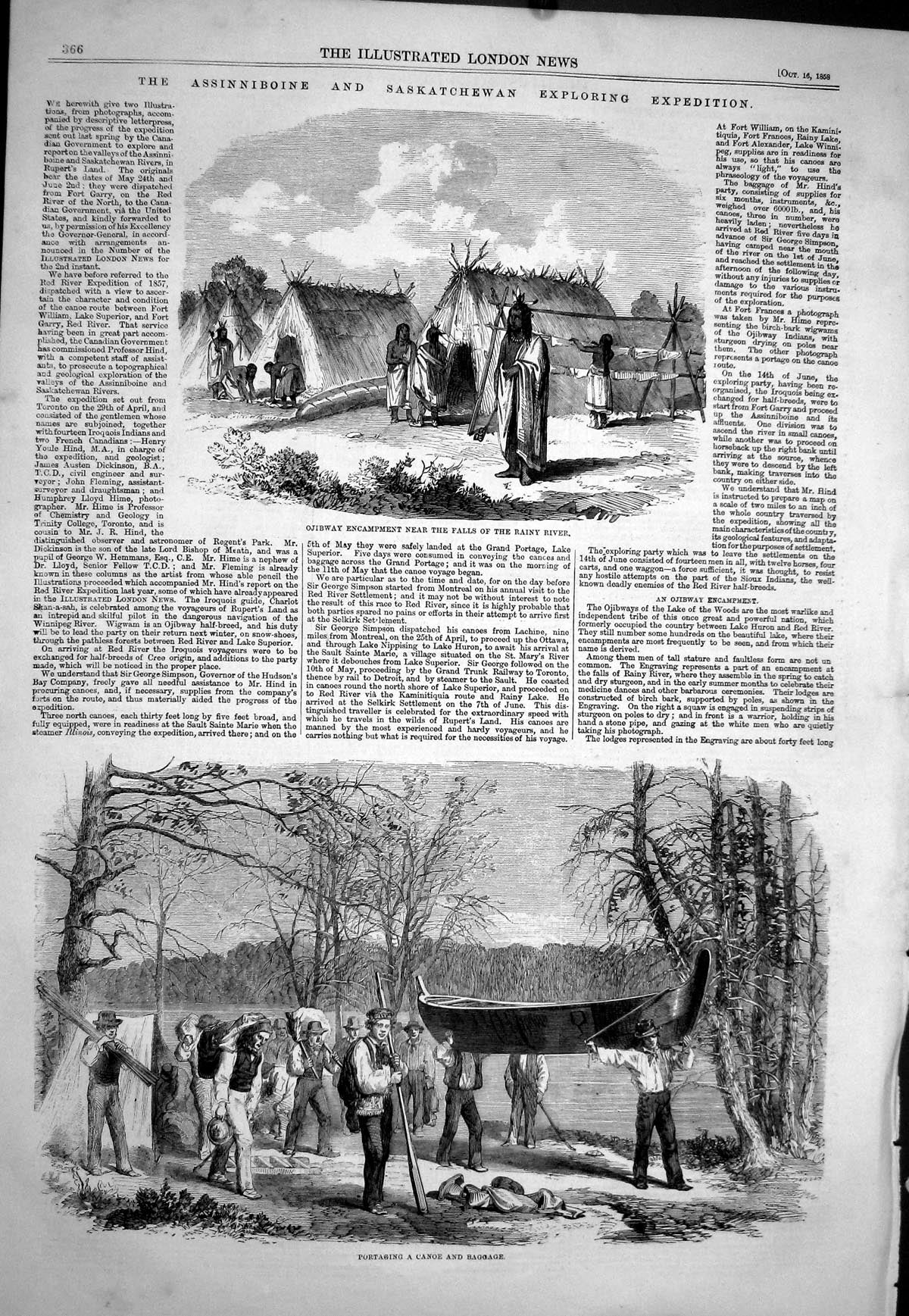Old 1858 Ojibway Encampment Falls Rainy River Canoe Assinniboine Sask Victorian