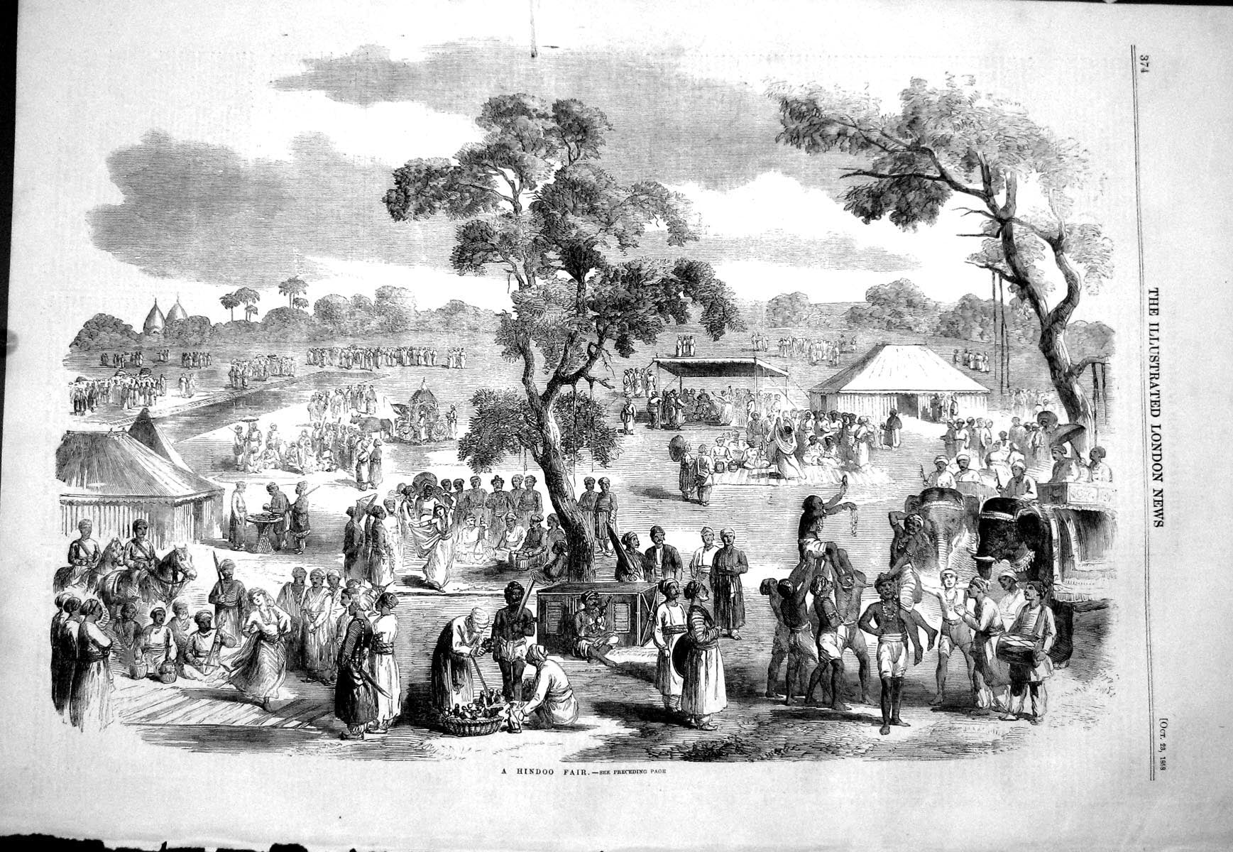 Antique Old Print 1858 Hindoo Fair Scene India Natives People Entertainment