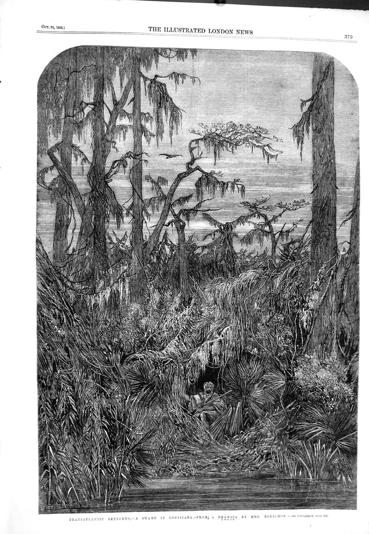 Old 1858 Scene Swamp Louisiana Man Trees River Transatlantic Sketches Victorian