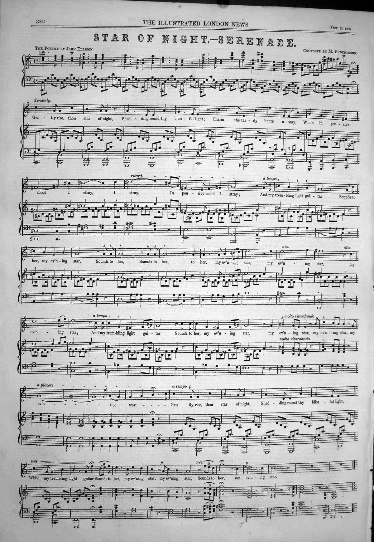 Old 1858 Sheet Music Star Night Serenade Enderssohn John Ellison Poet Victorian
