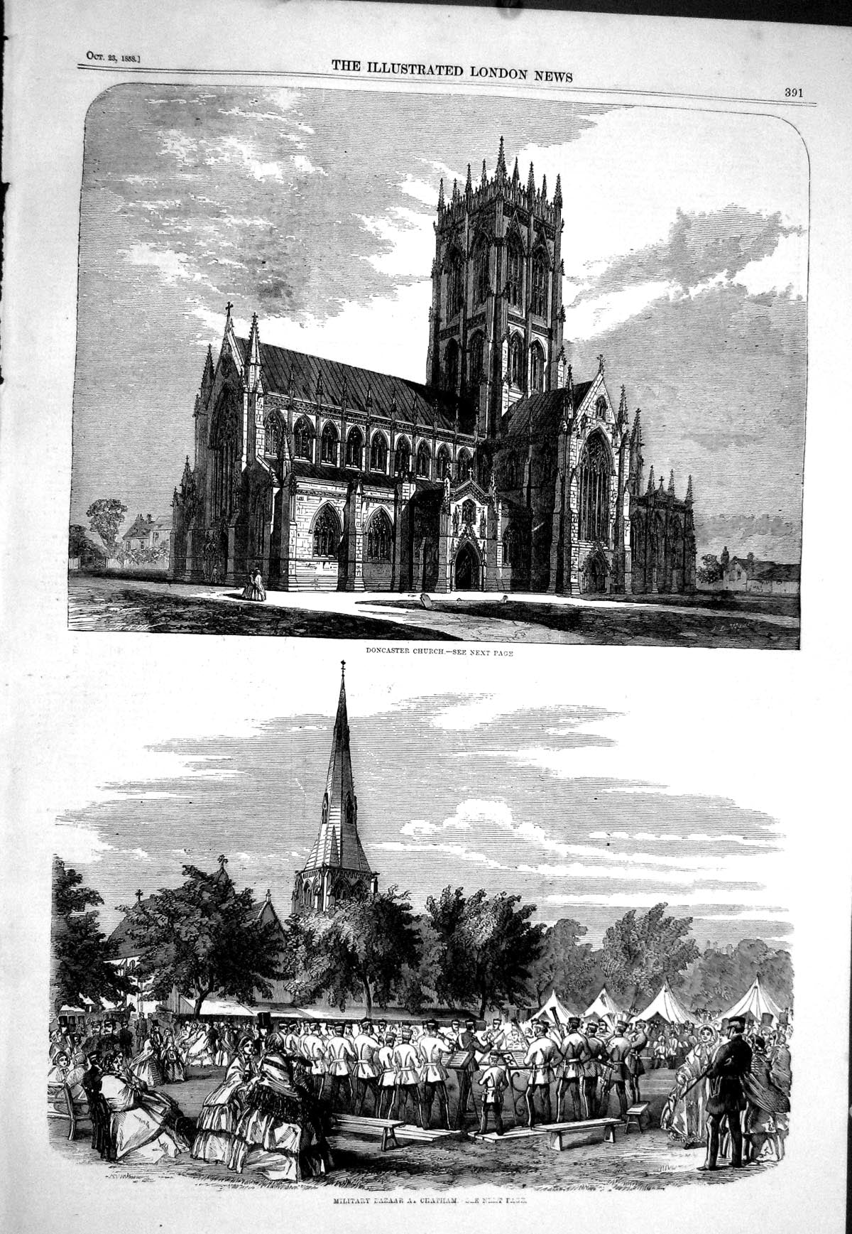 Antique Old Print 1858 Doncaster Church Architecture Military Bazaar Chatham