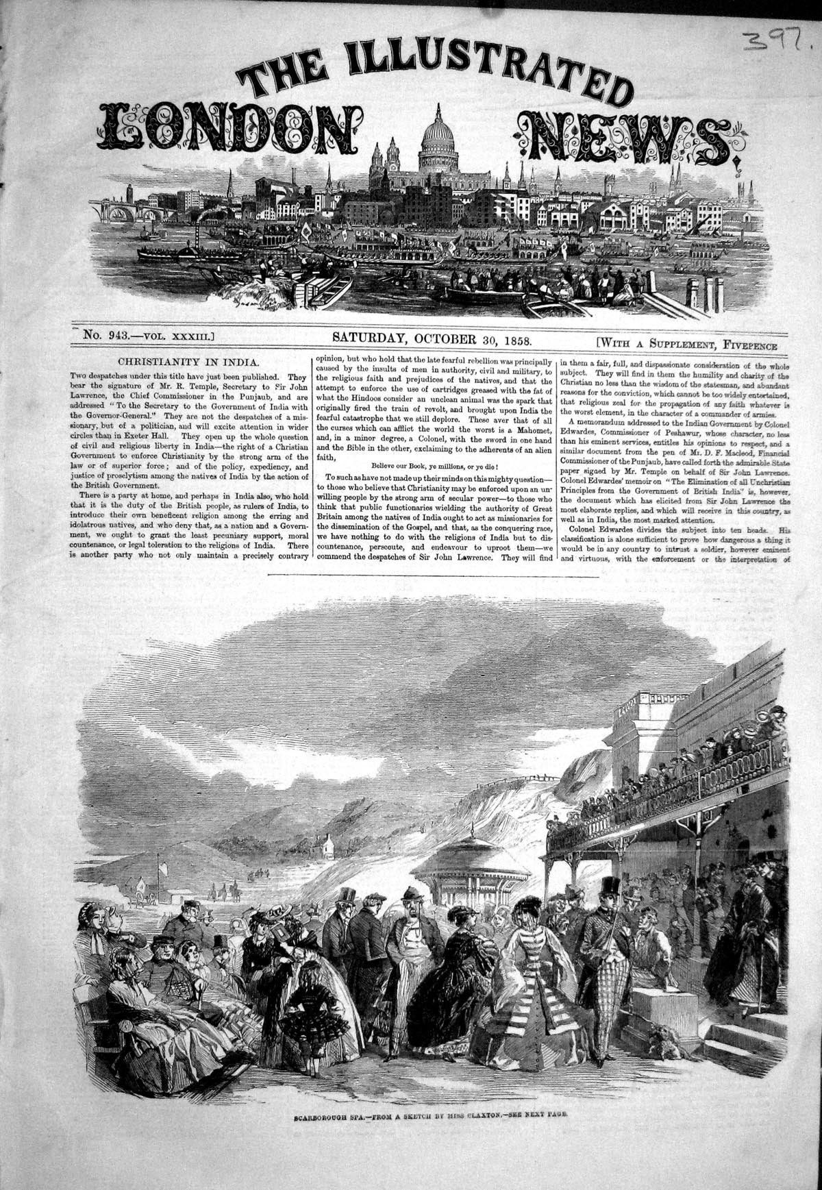 Original Old Antique Print 1858 View Scarborough Spa Seaside Resort Tourists