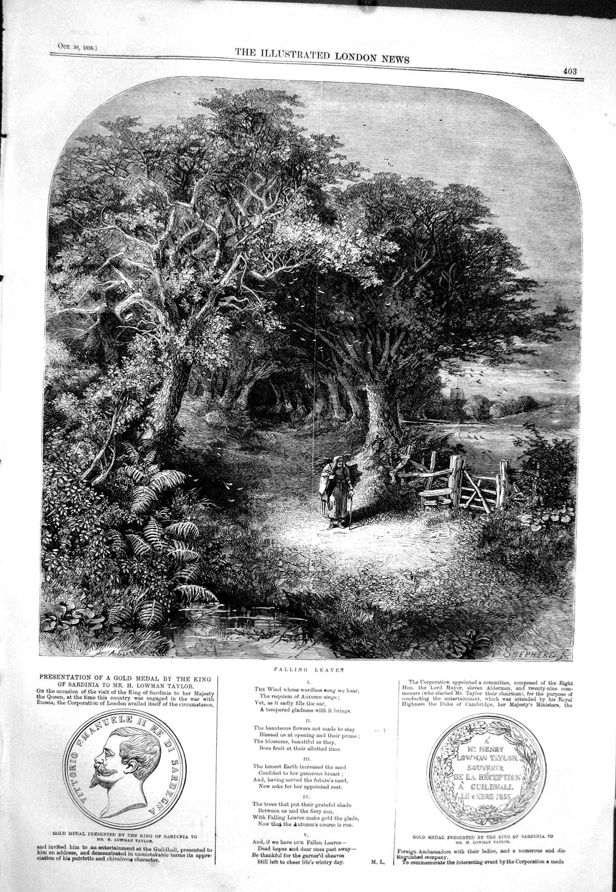 Original Old Antique Print 1858 Falling Leaves Trees Poem Countryside Shepherd