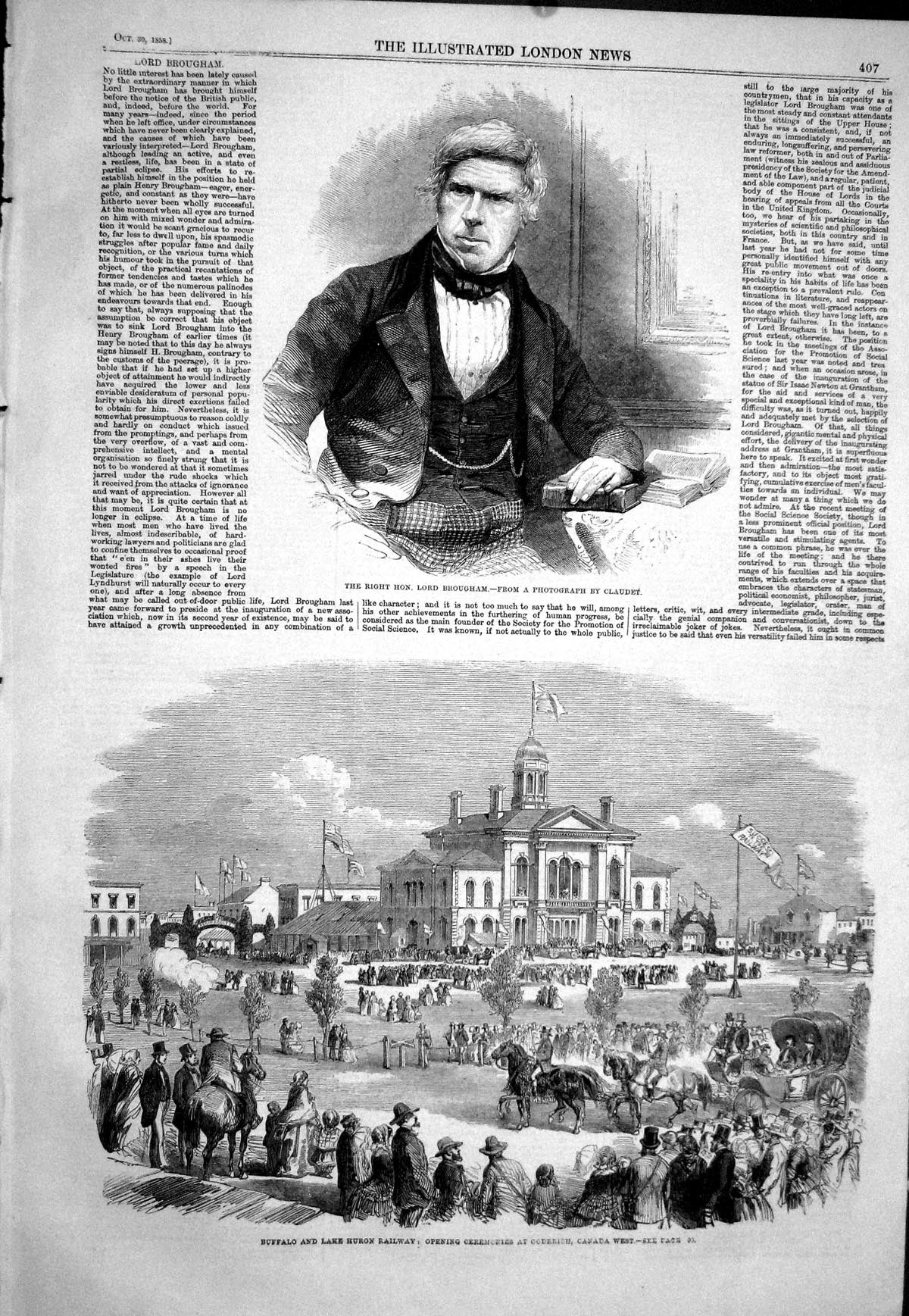 Antique Print 1858 Lord Brougham Buffalo Lake Huron Railway Coderich Canada