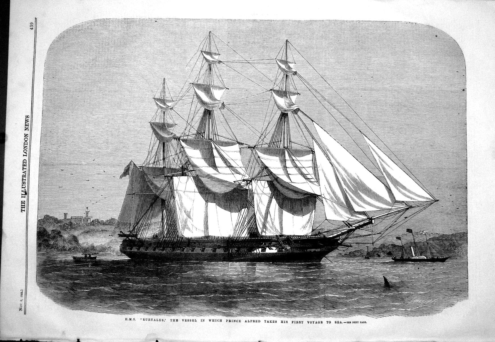 Original Old Antique Print 1858 Ship H.M.S. Euryalus Prince Alfred Voyage Sea