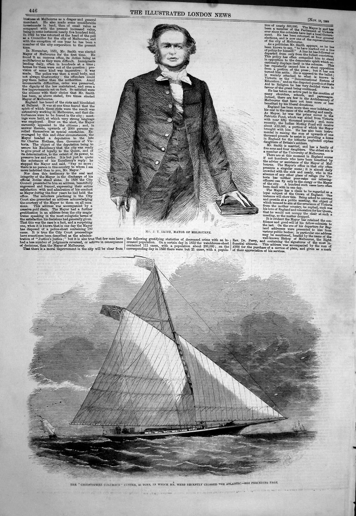Old 1858 Smith Mayor Melbourne Christopher Columbus Cutter Ship Webb Victorian