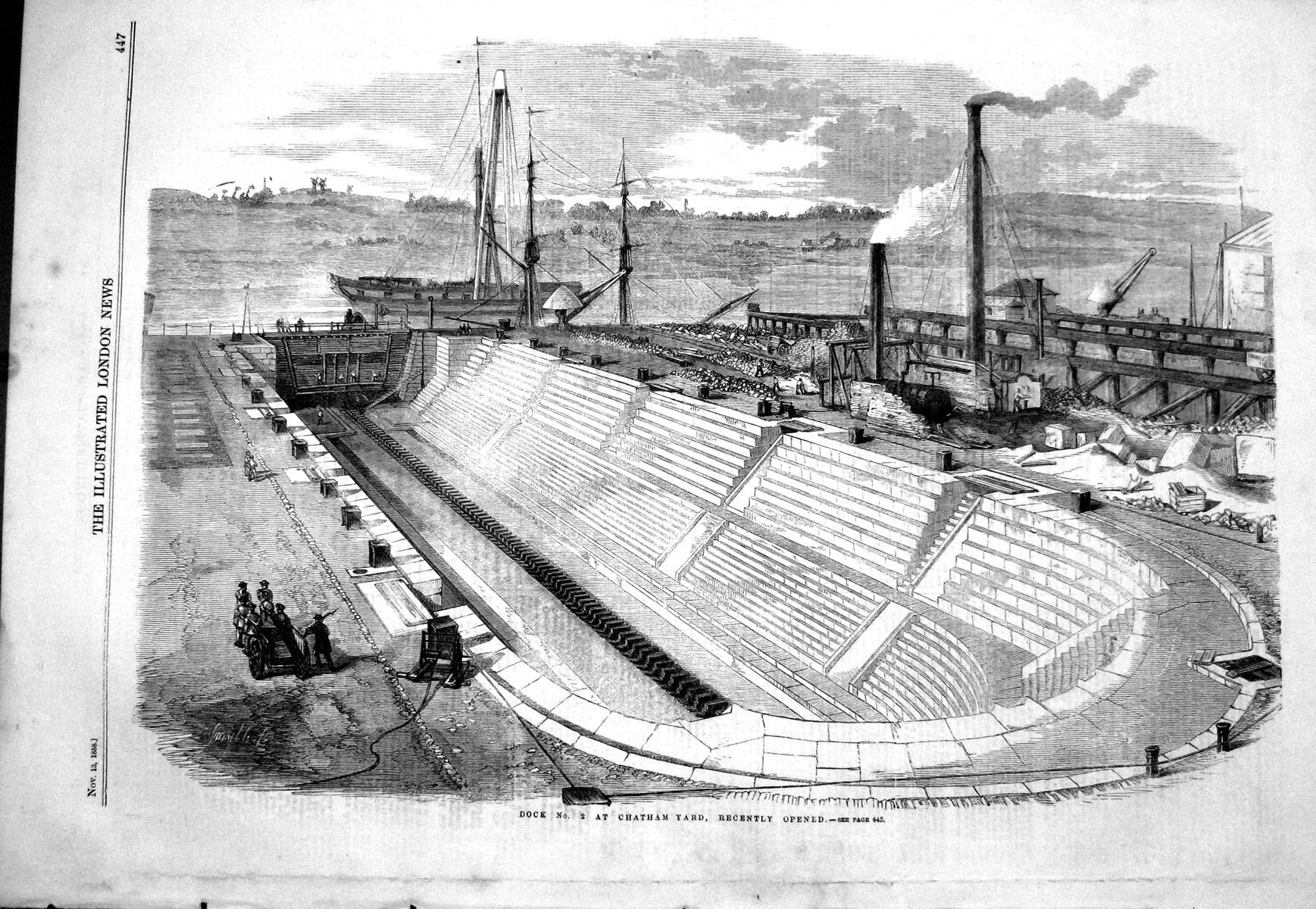 Original Old Antique Print 1858 View Dock Ships Chatham Yard Kent England 19th