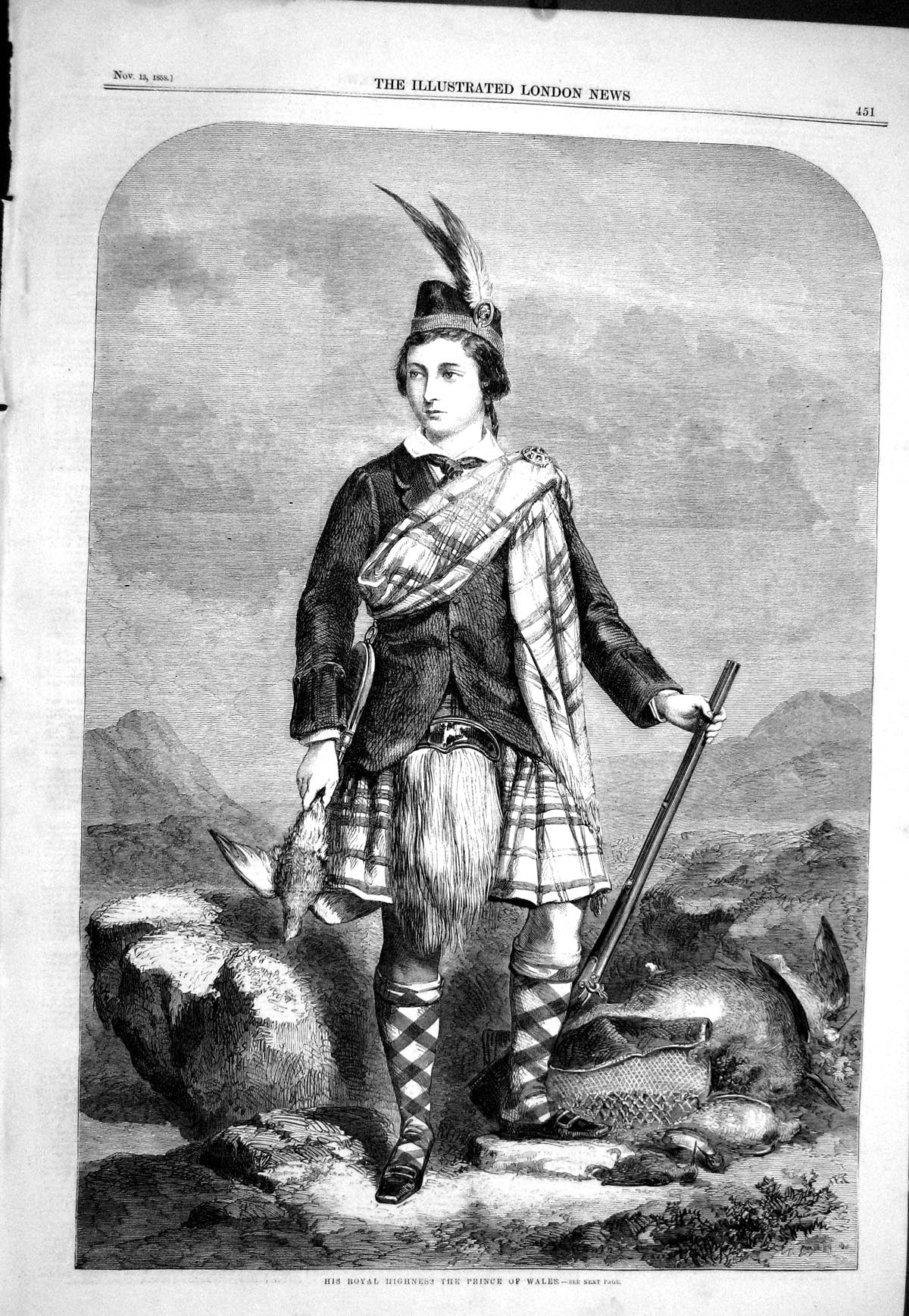Antique Old Print 1858 Portrait His Royal Highness Prince Wales Hunting Birds