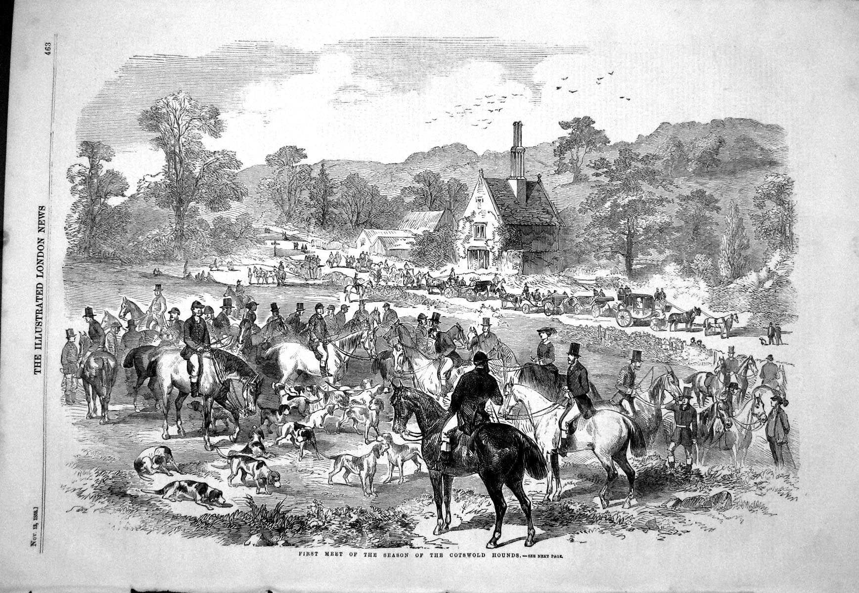 Antique Print 1858 First Meet Season CotswHounds Dogs Horses Hunting Horses