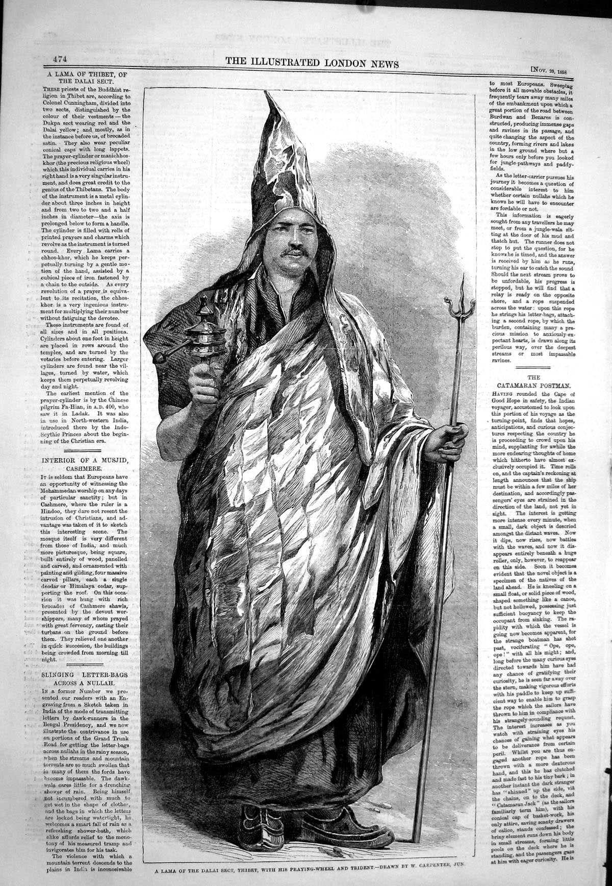 Antique Old Print 1858 Lama Dalai Sect Thibet Praying Wheel Trident Carpenter