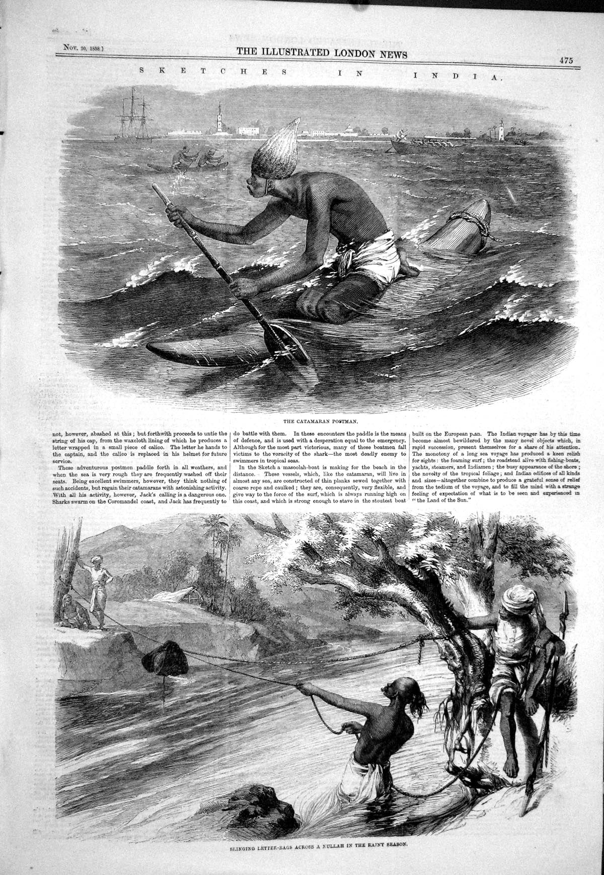 Old 1858 India Catamaran Postman Slinging Letters Bags Nullah Rainy S Victorian
