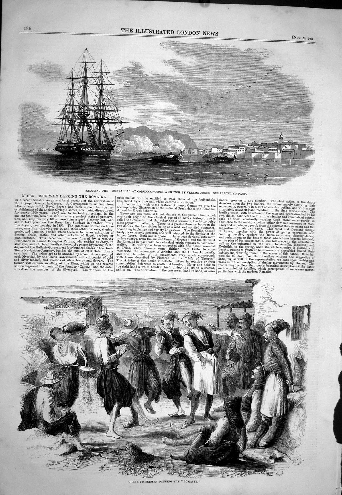 Antique Old Print 1858 Ship Euryalus Corunna Greek Fishermen Dancing Romaika
