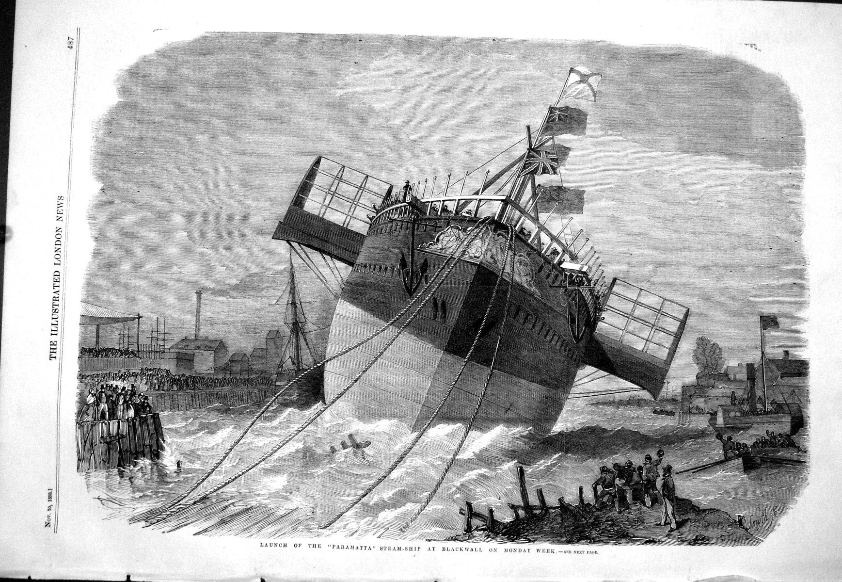 Original Old Antique Print 1858 Launch Steam Ship Paramatta Blackwall Victorian