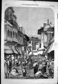 Antique Old Print 1858 Fine Art Street Scene Agra Sellers Houses Market India