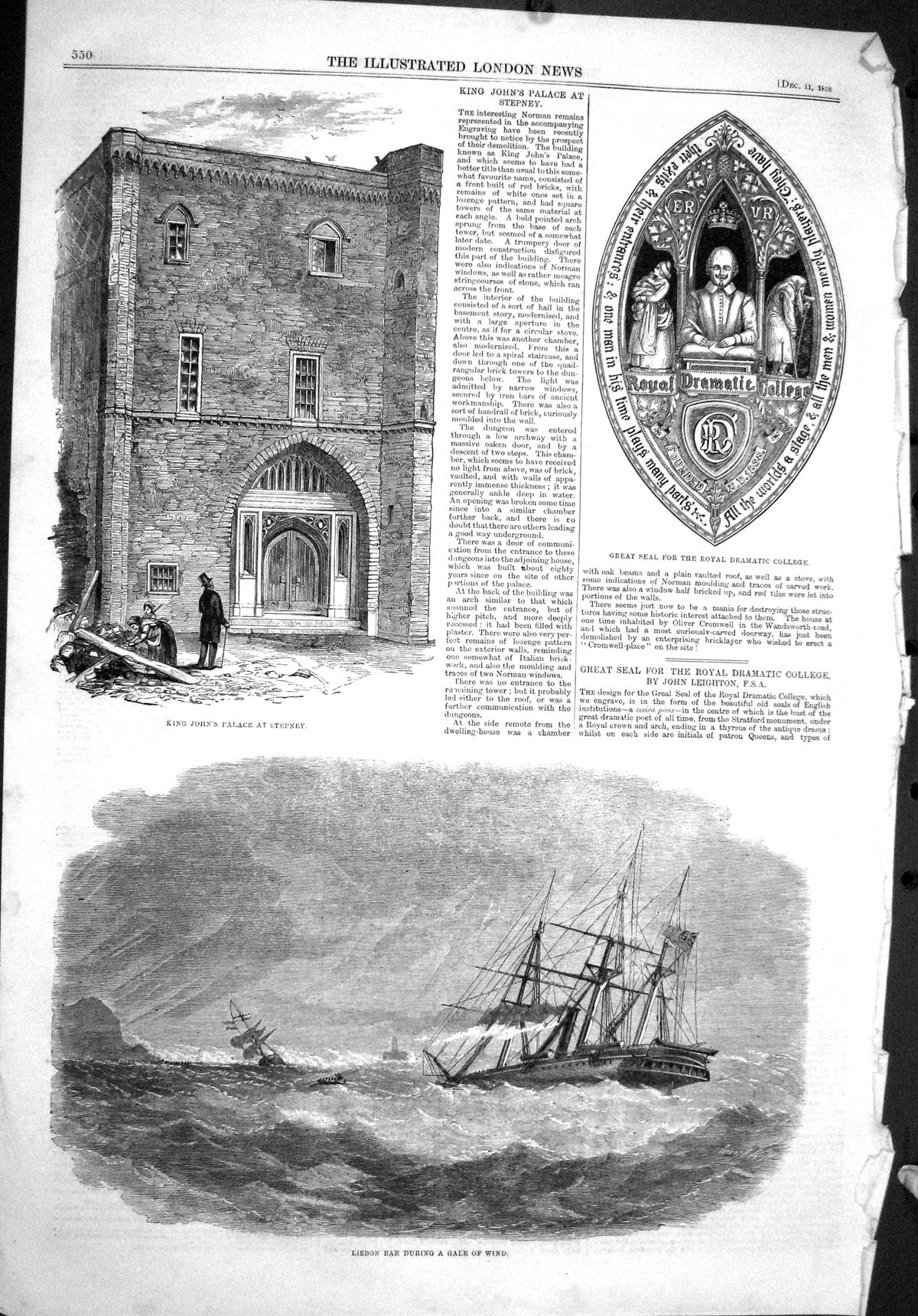 Old 1858 King John'S Palace Stepney Ships Lisbon Bar Storm Seal Drama Victorian