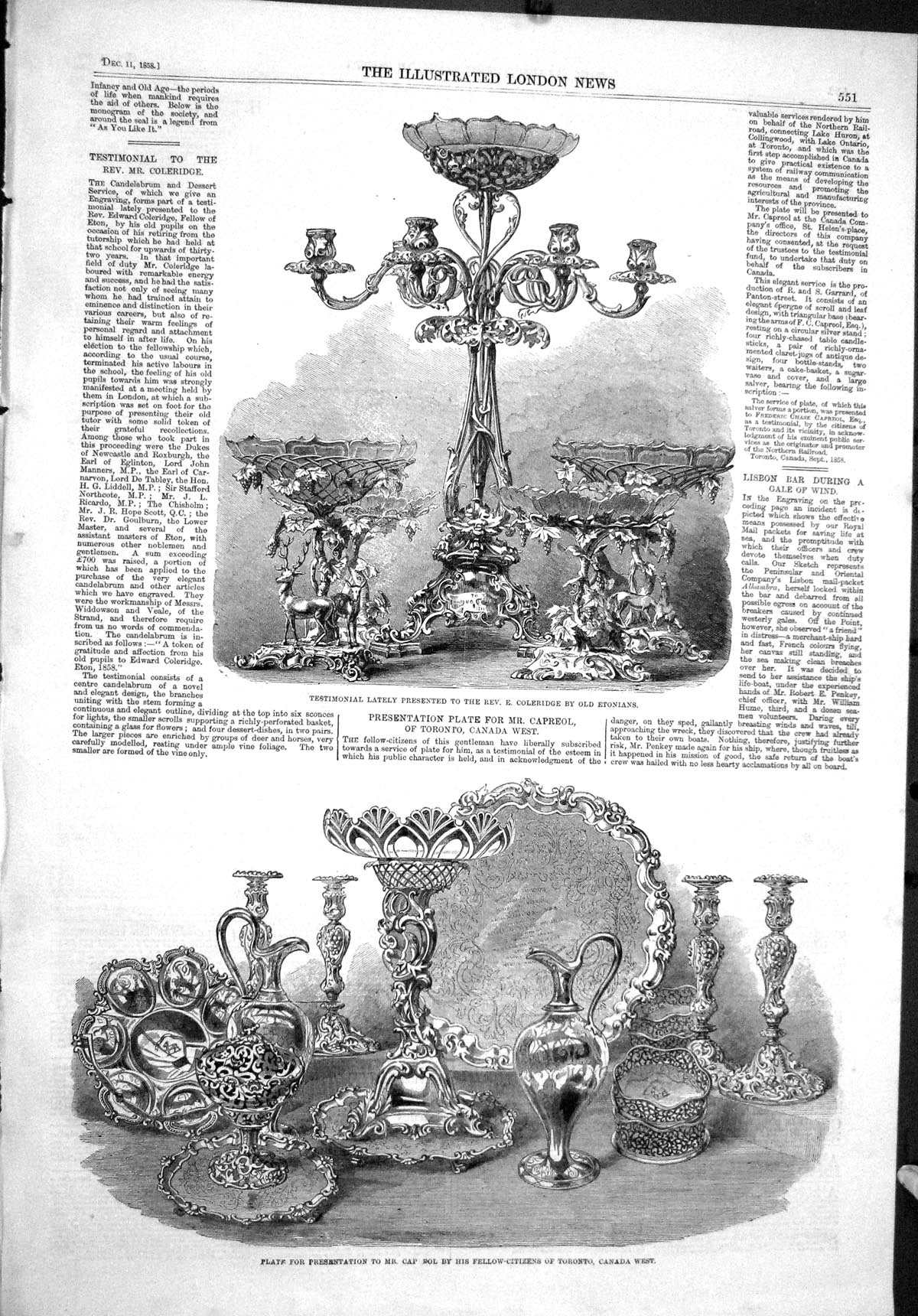 Old 1858 Testimonial Rev. Coleridge Etonians Capreol Plate Toronto Ca Victorian