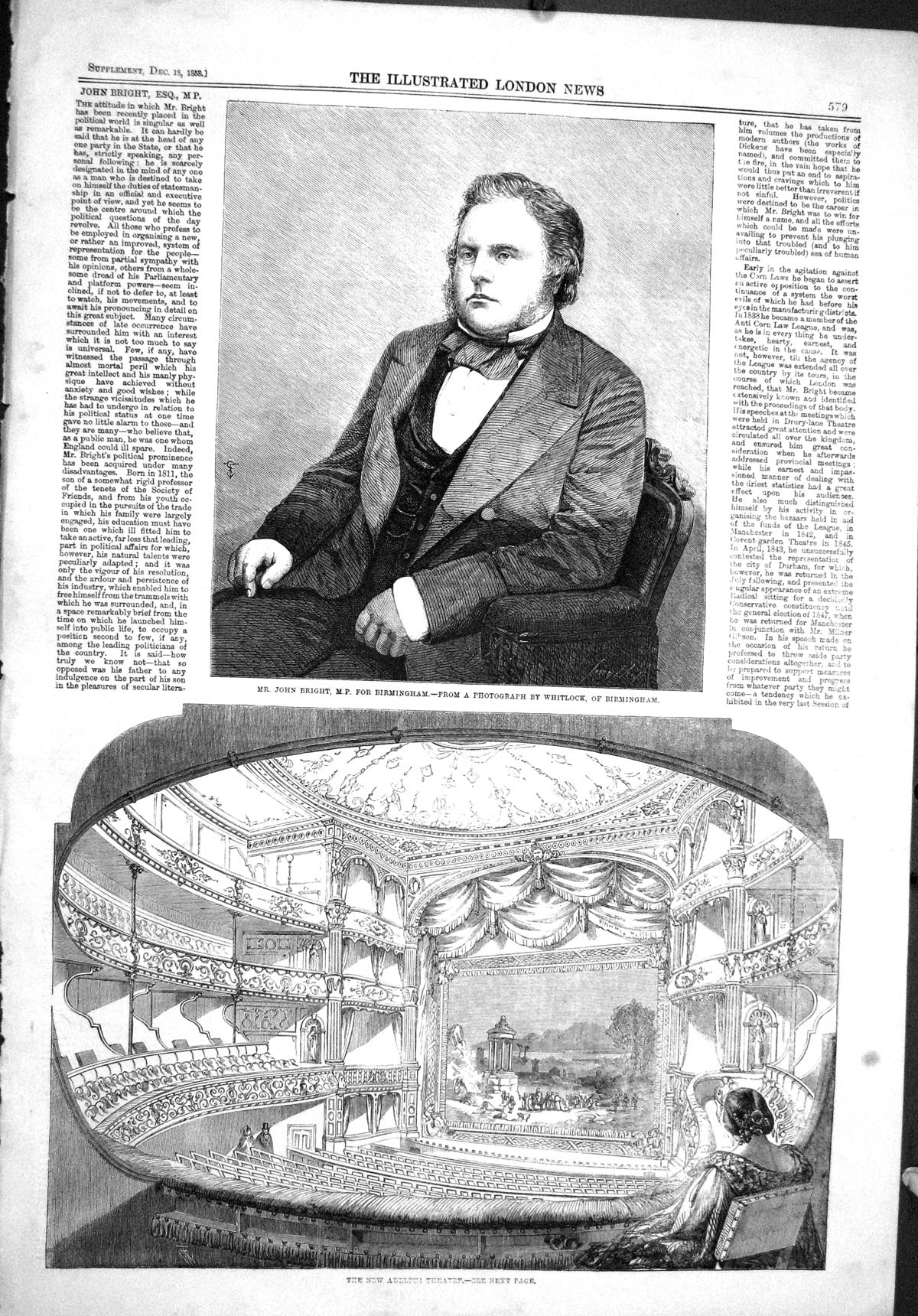 Old 1858 John Bright M.P. Birmingham Adlephi Theatre Plan Dress-Circl Victorian