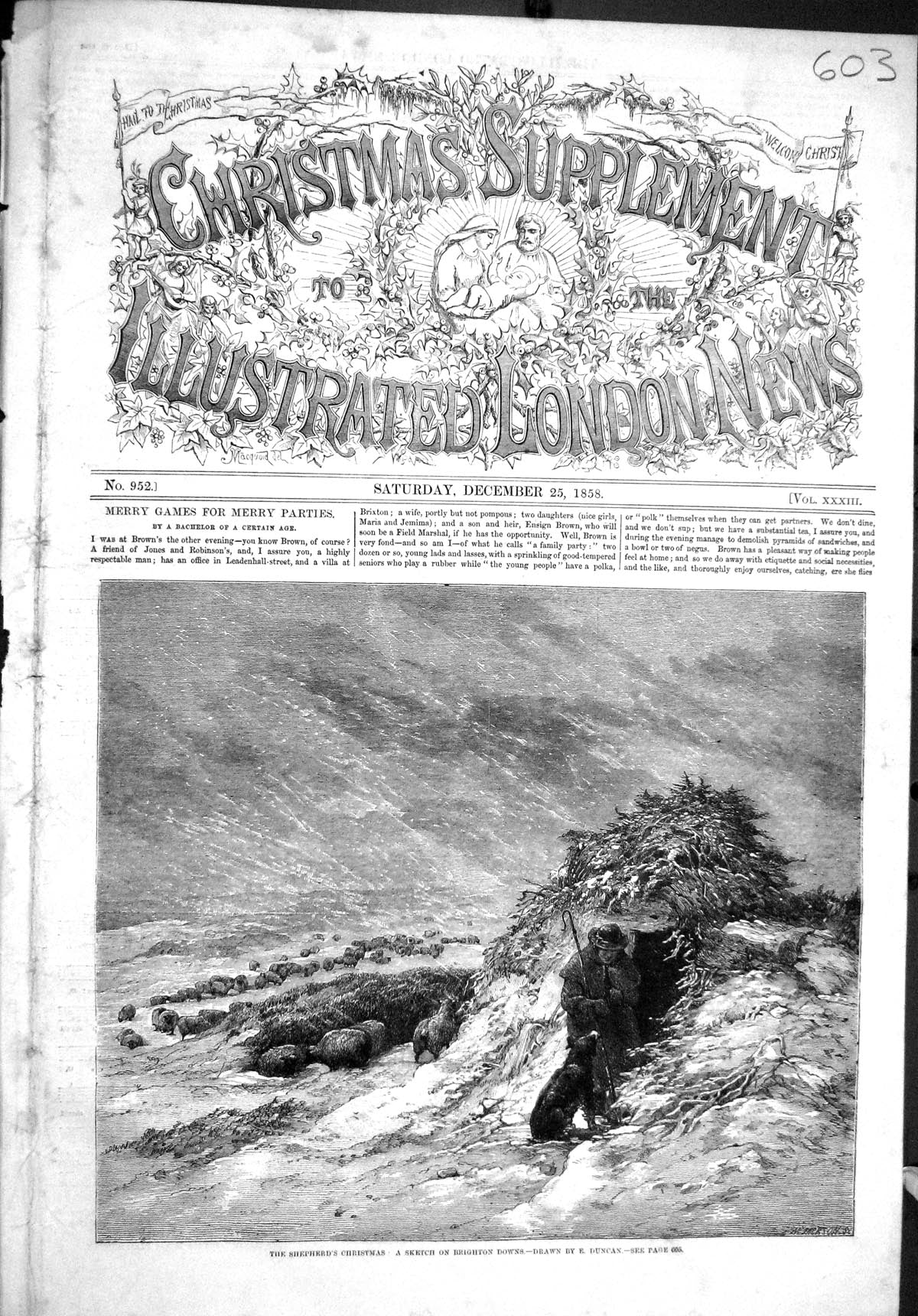Original Old Antique Print 1858 Shepherds Christmas Sheep Dog Snow Scene Duncan