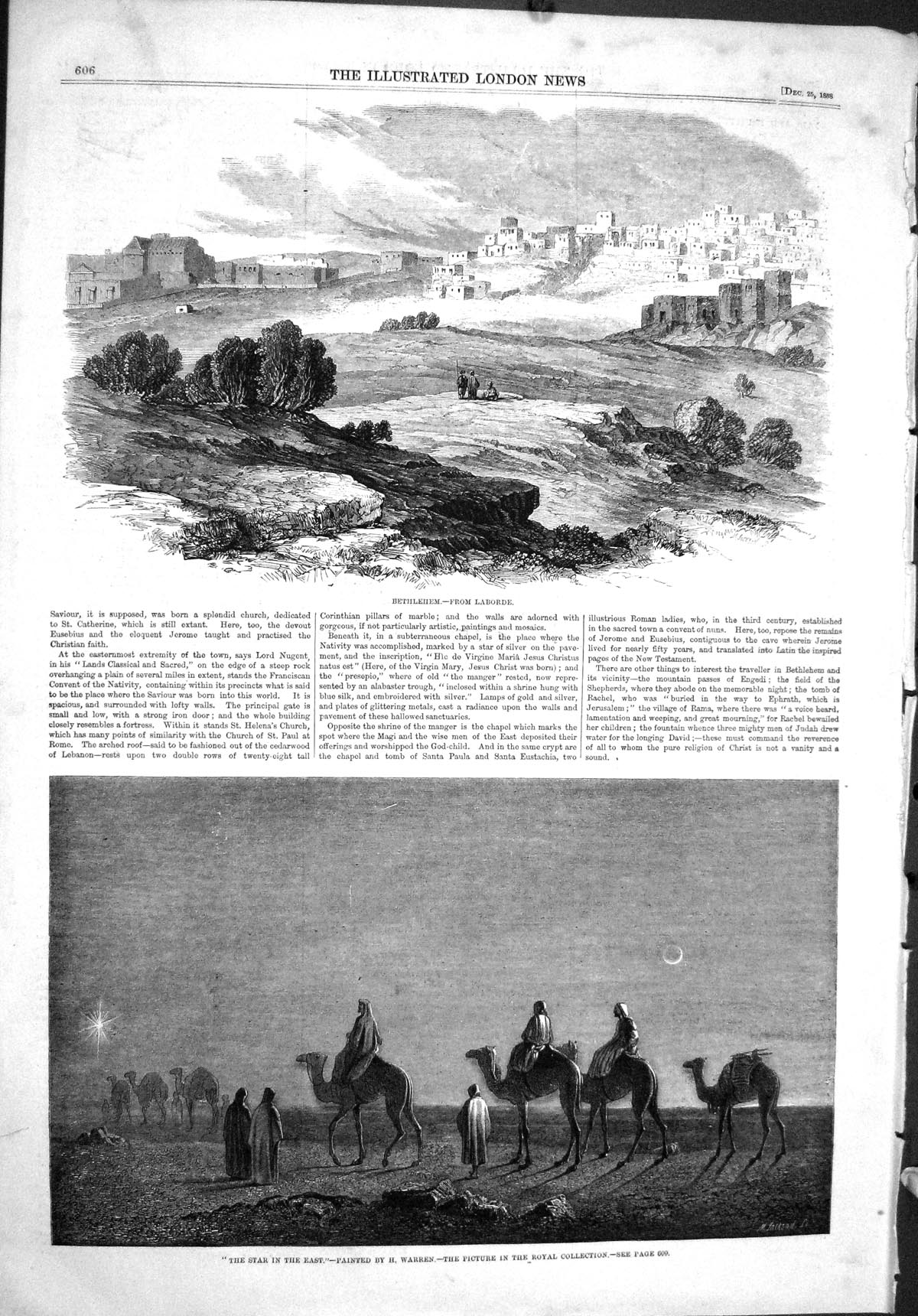 Old Print 1858 View Bethleham Laborde Star East Camels Travelling Warren 19th