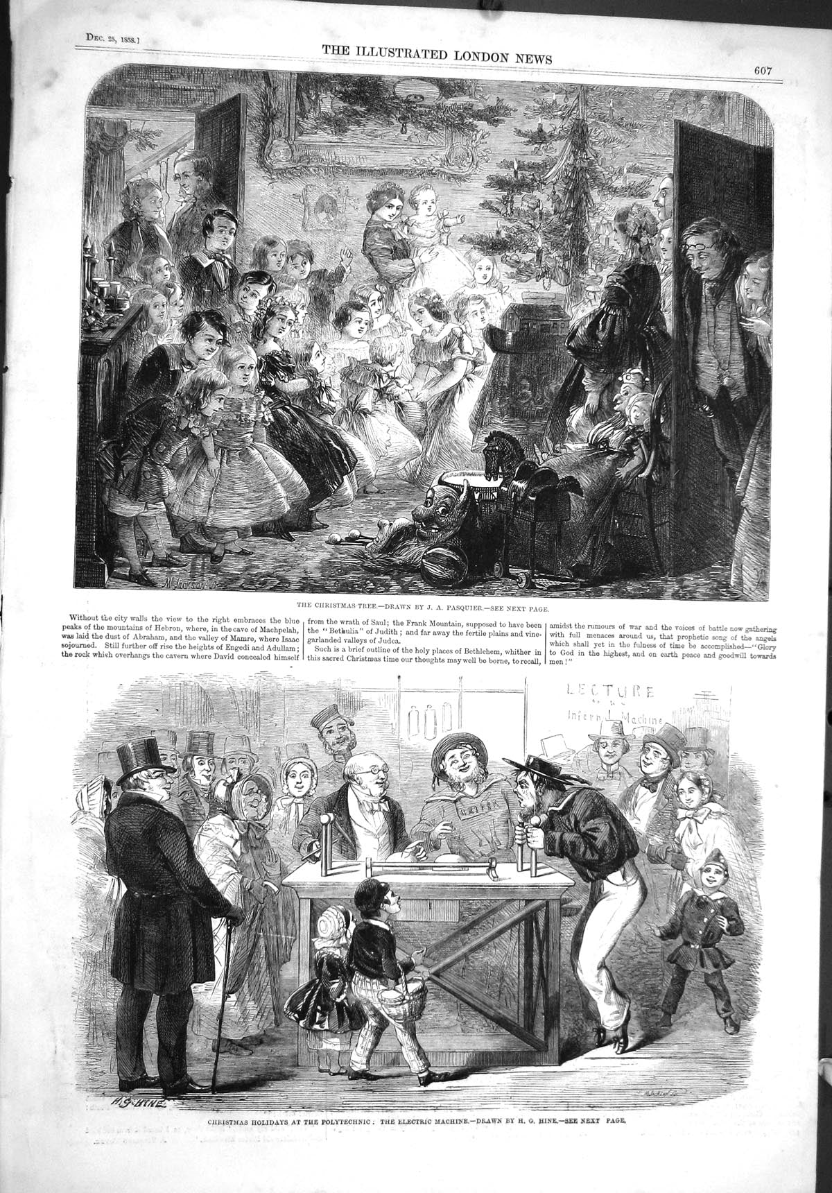 Old 1858 Christmas Tree Family Scene Electric Machine Polytechnic Pas Victorian