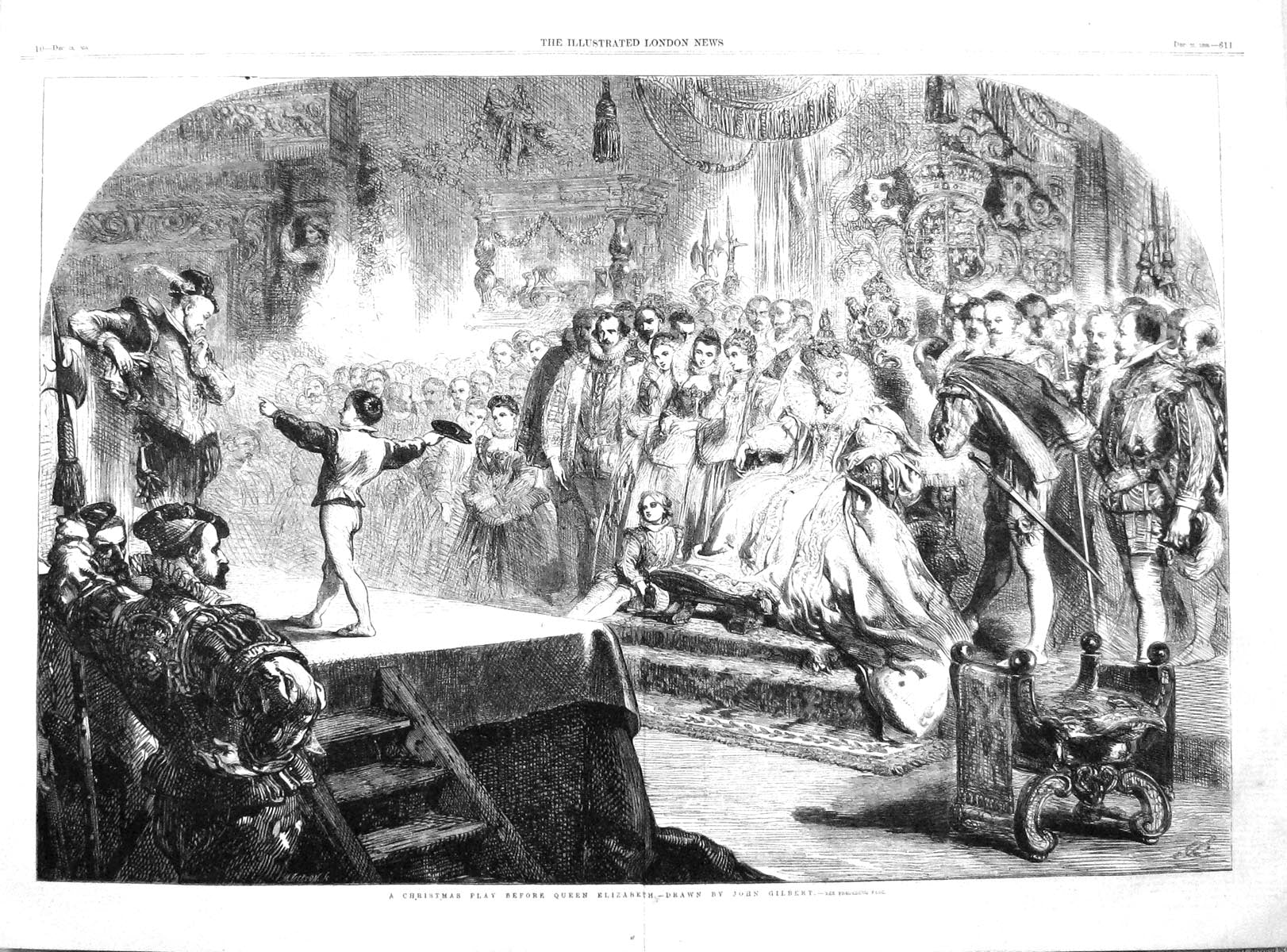 Old Print 1858 Christmas Play Queen Elizabeth Theatre Scene John Gilbert 19th