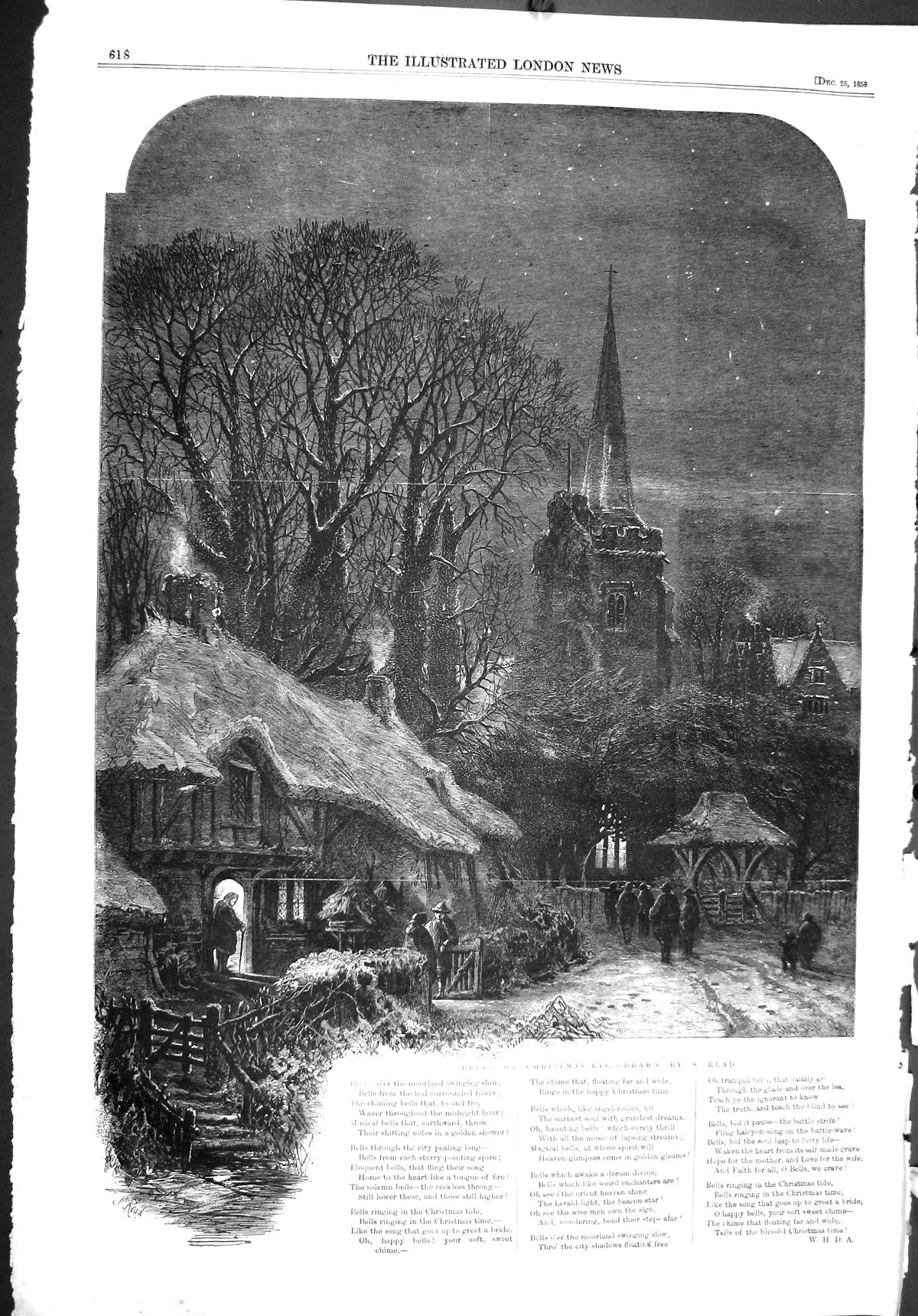 Old Print 1858 Church Bells Christmas Eve Snow Stars Song Words Fine Art 19th