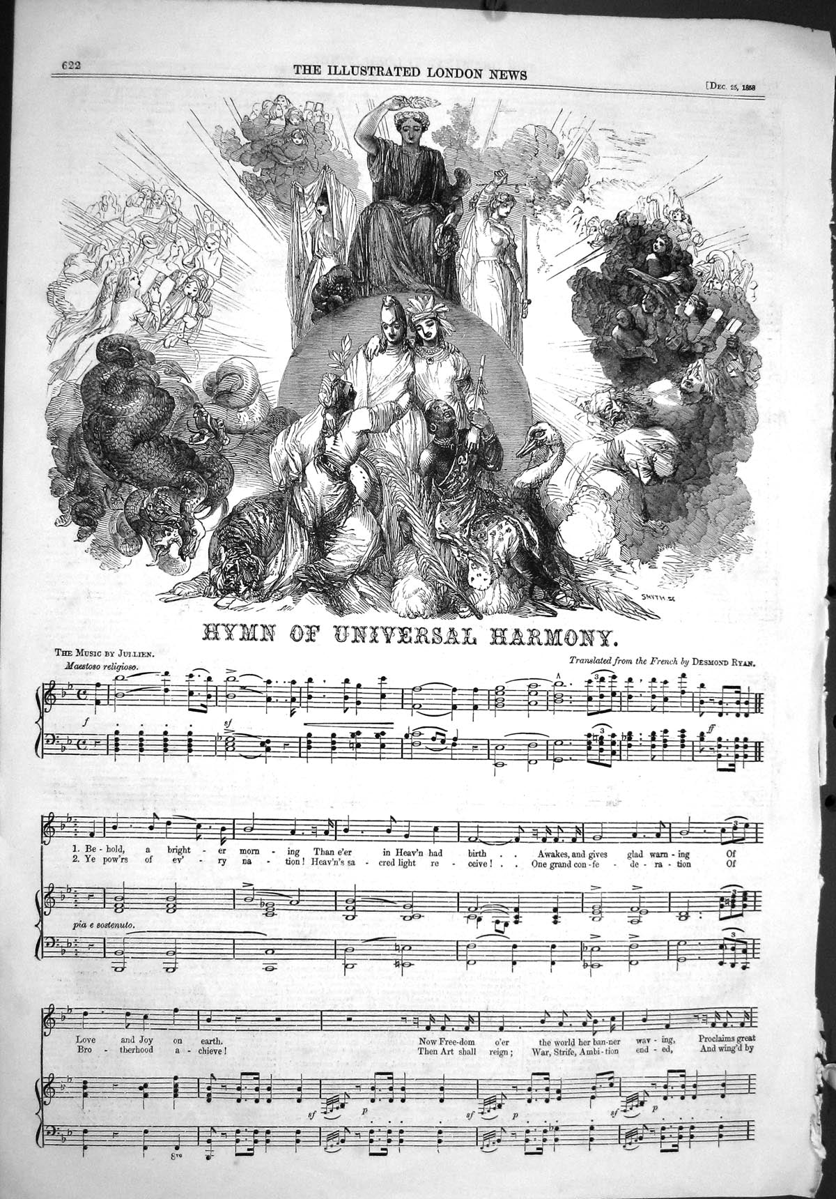 Antique Old Print 1858 Sheet Music Hymn Universal Harmony Julien Desmond Ryan