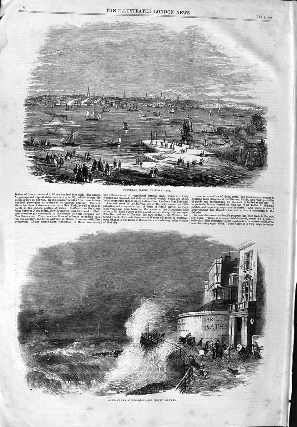 Old Antique Print 1859 Portland Maine America Heavy Sea Brighton England 19th