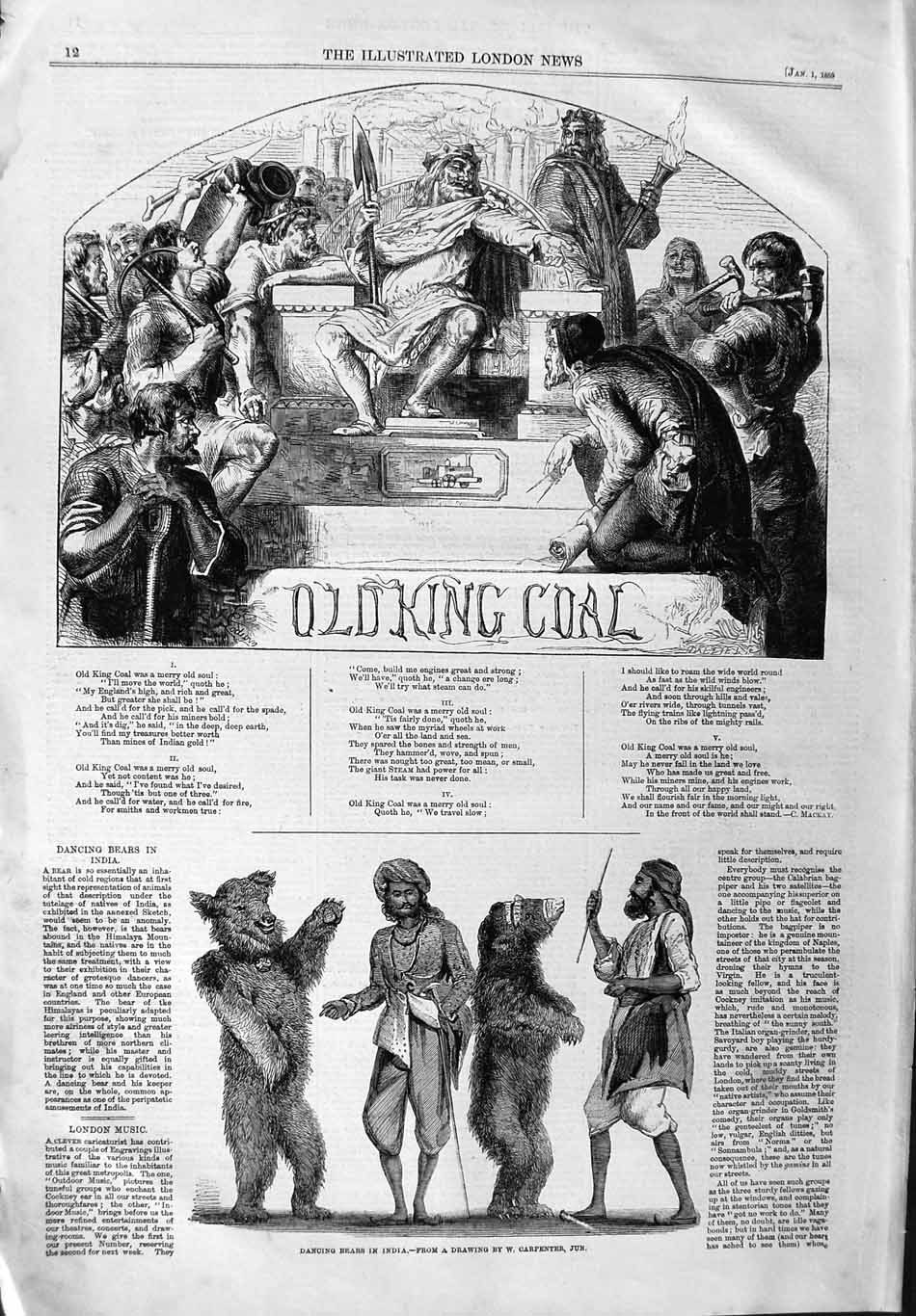 Original Old Antique Print 1859 King Cole Poem Dancing Bears India Victorian