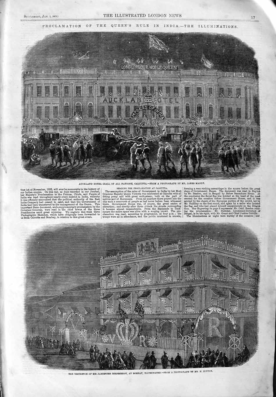 Original Old Antique Print 1859 Auckland Hotel Calcutta India Jeejeebhoy 19th