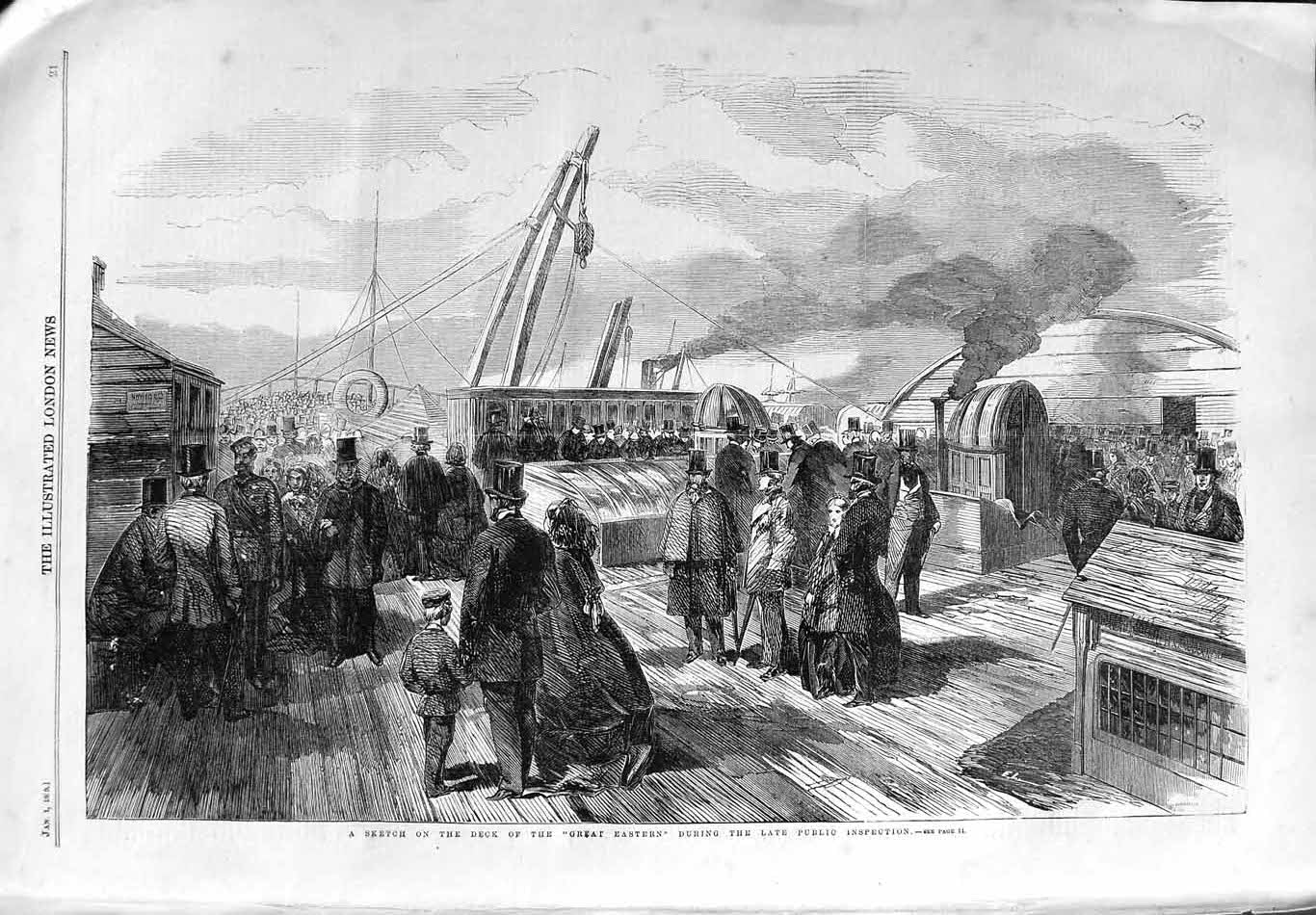 Original Old Antique Print 1859 Deck Great Eastern Ship Public Inspection 19th