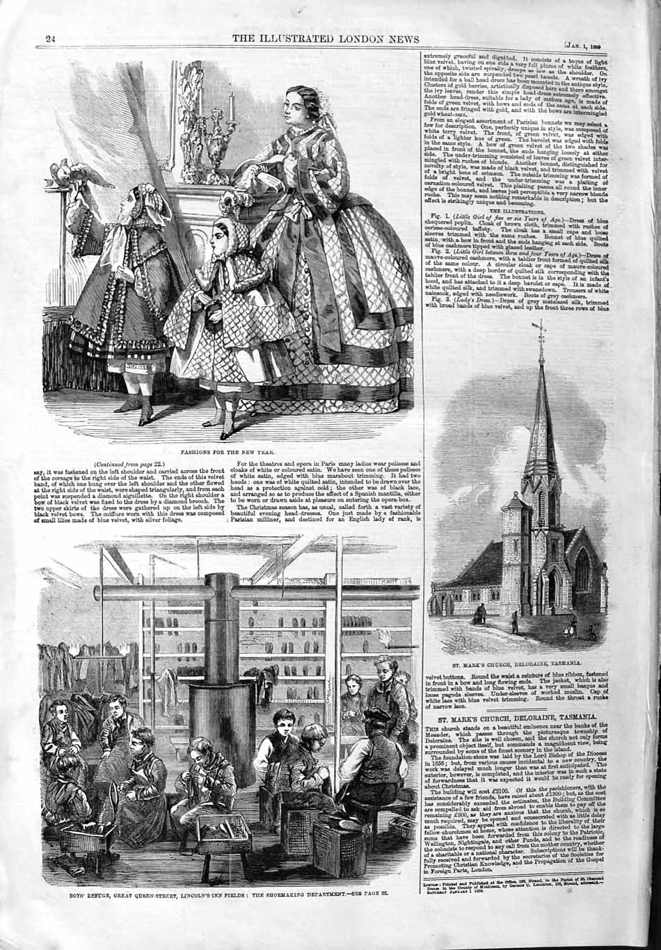 Original Old Antique Print 1859 Fashion Church Tasmania Boys Refuge Shoemaking