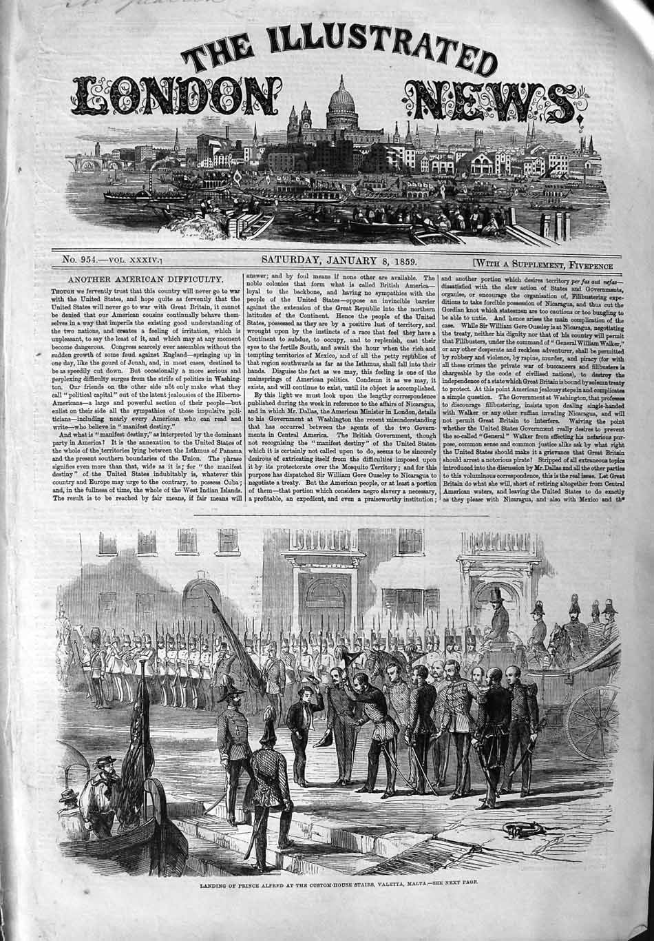 Original Old Antique Print 1859 Prince Alfred Custom House Stairs Valetta Malta