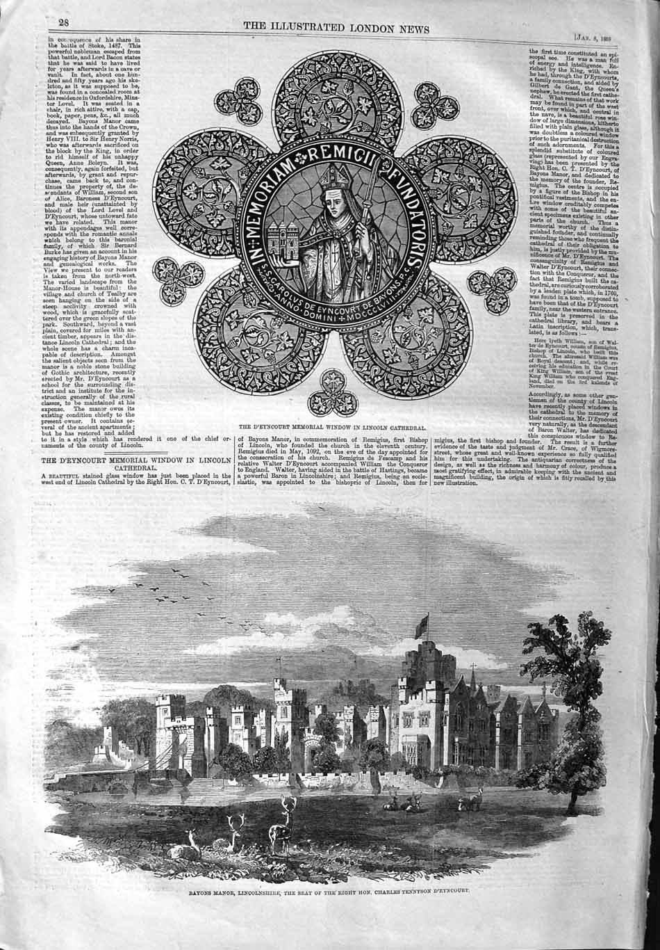 Original Old Antique Print 1859 D'Eyncourt Memorial Window Lincoln Rayons Manor