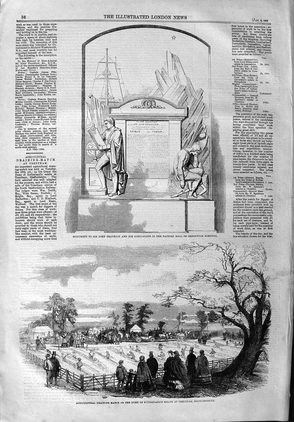 Original Old Antique Print 1859 Monument John Franklin Greenwich T Victorian
