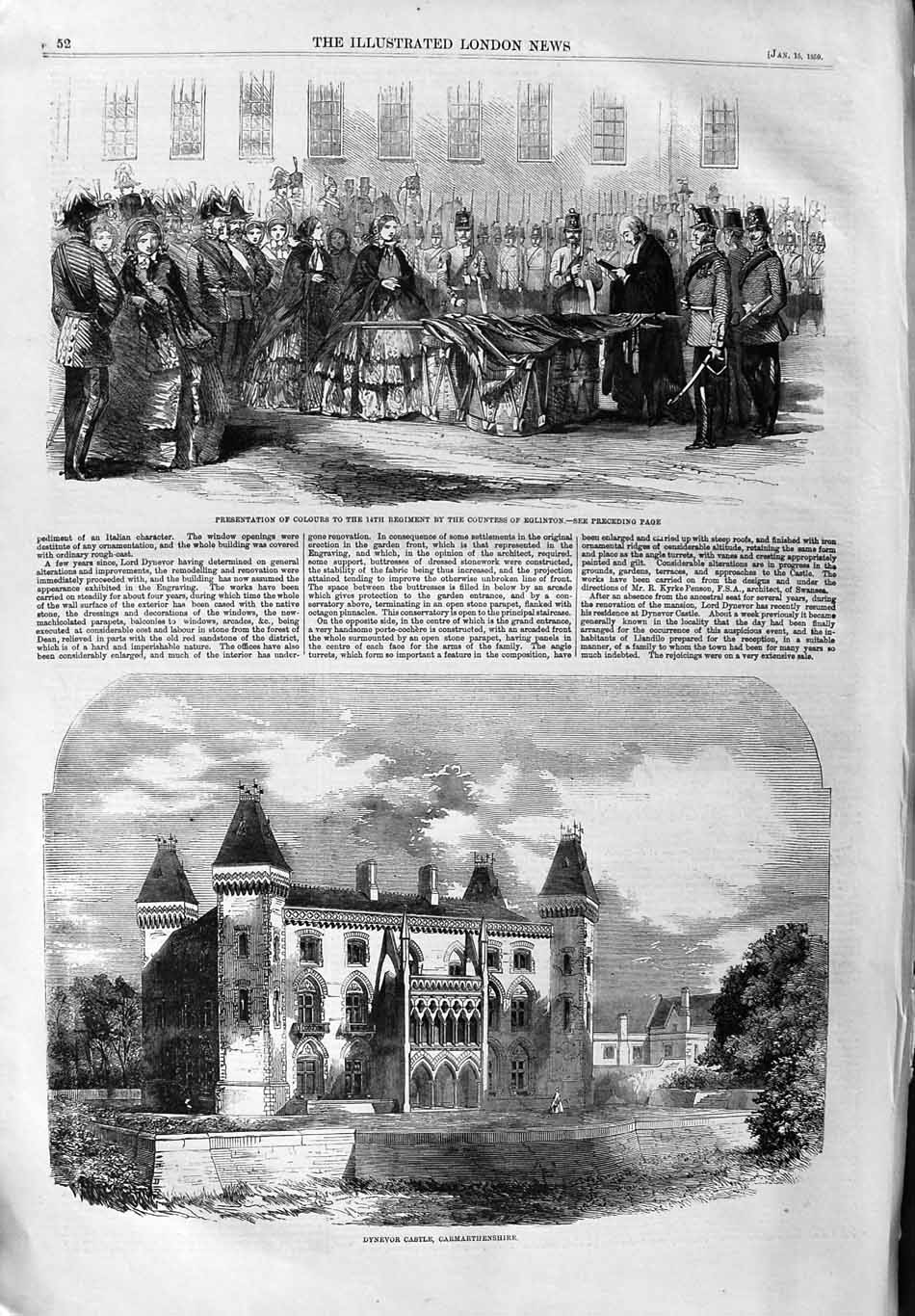 Original Old Antique Print 1859 Countess Eglington Dynevor Castle Carmarth 19th