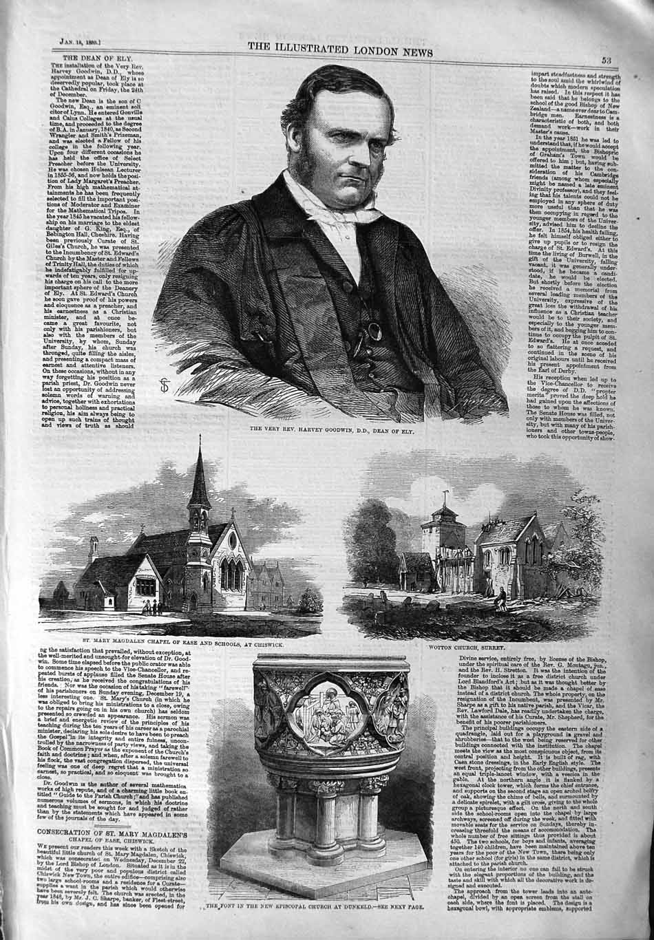 Old Antique Print 1859 Rev. Harvey Goodwin Dean Ely Church Dunkeld Surrey 19th