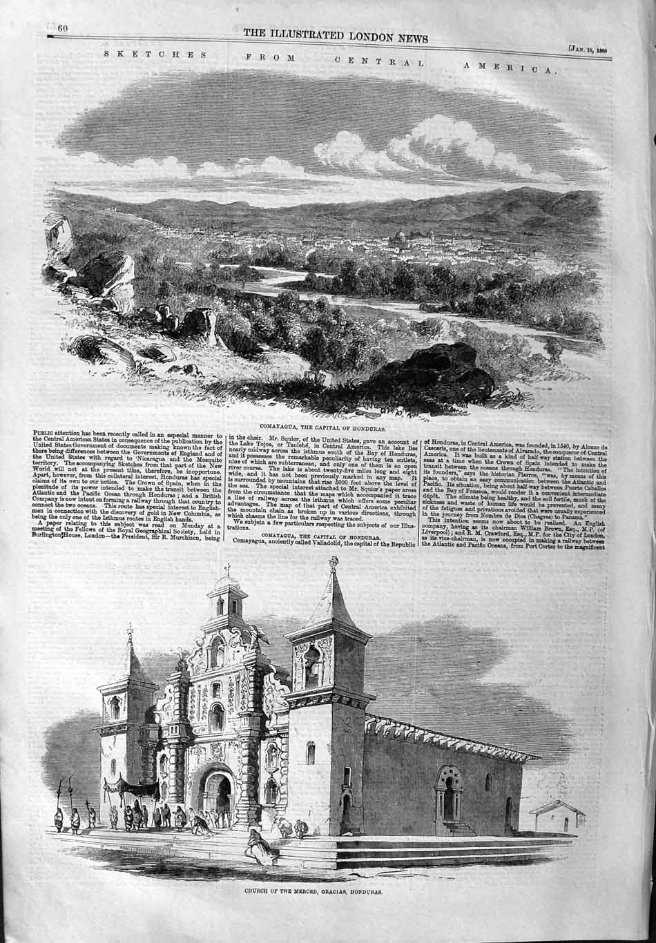 Original Old Antique Print 1859 America View Comayagua Honduras Church 19th