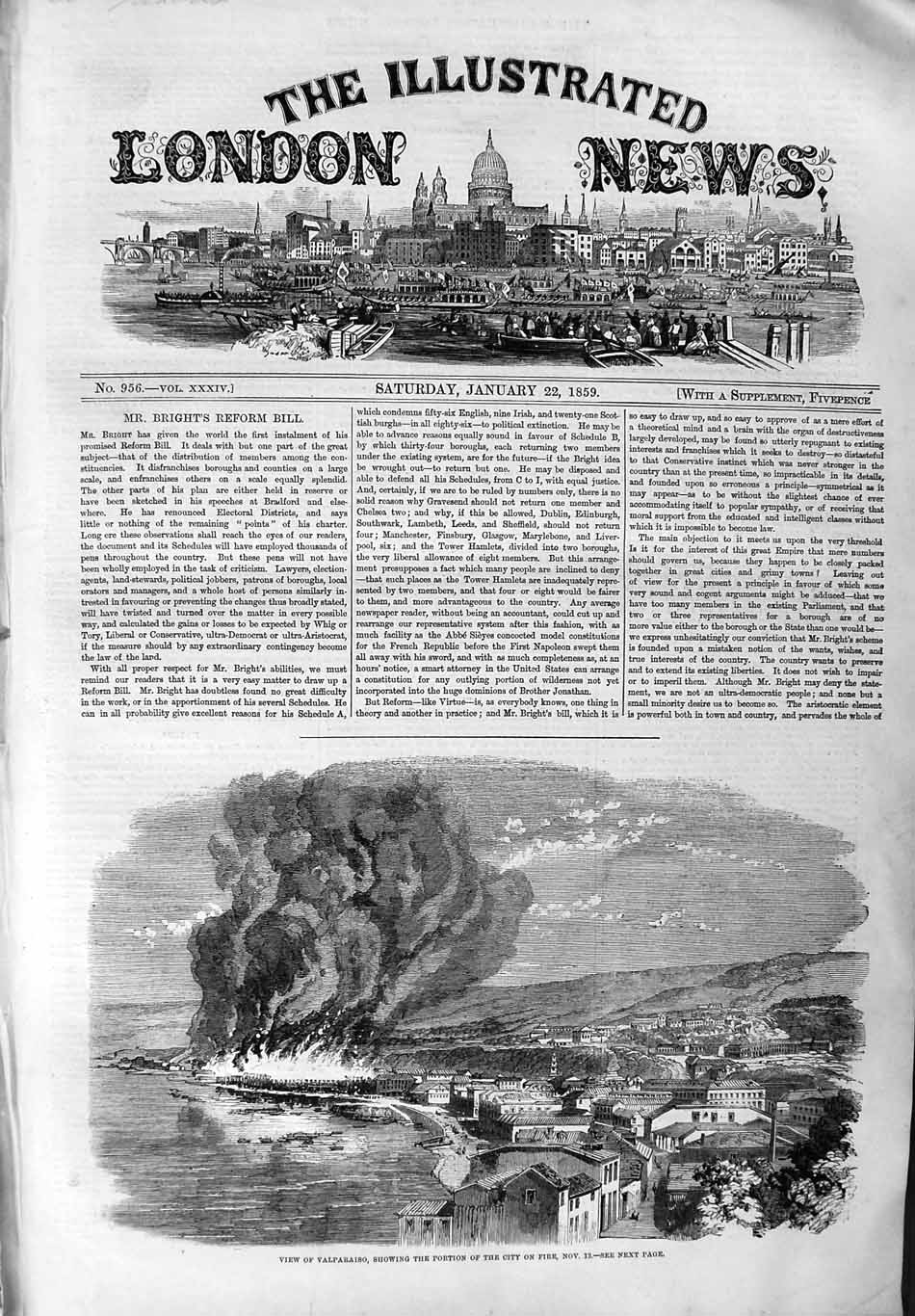 Original Old Antique Print 1859 View Valparaiso City Fire Pacific Seaport 19th