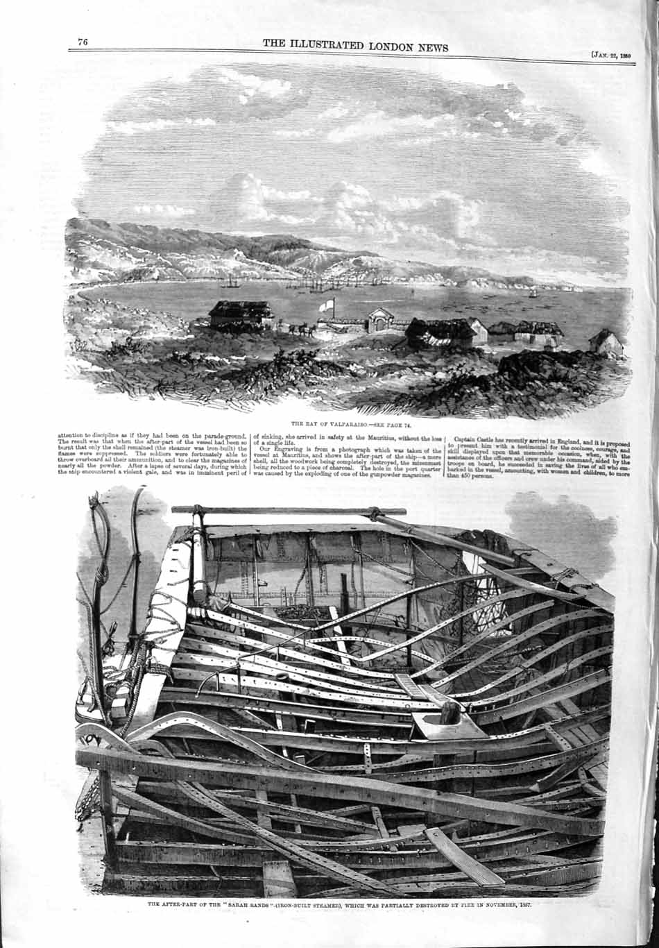 Original Old Antique Print 1859 Bay Valparaiso Sarah Sands Iron Steam Ship 19th