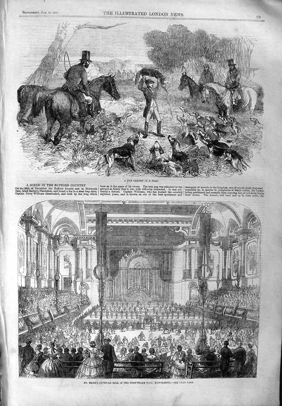 Old Antique Print 1859 Fox Hunting Mark Juvenile Ball Temple Manchester 19th