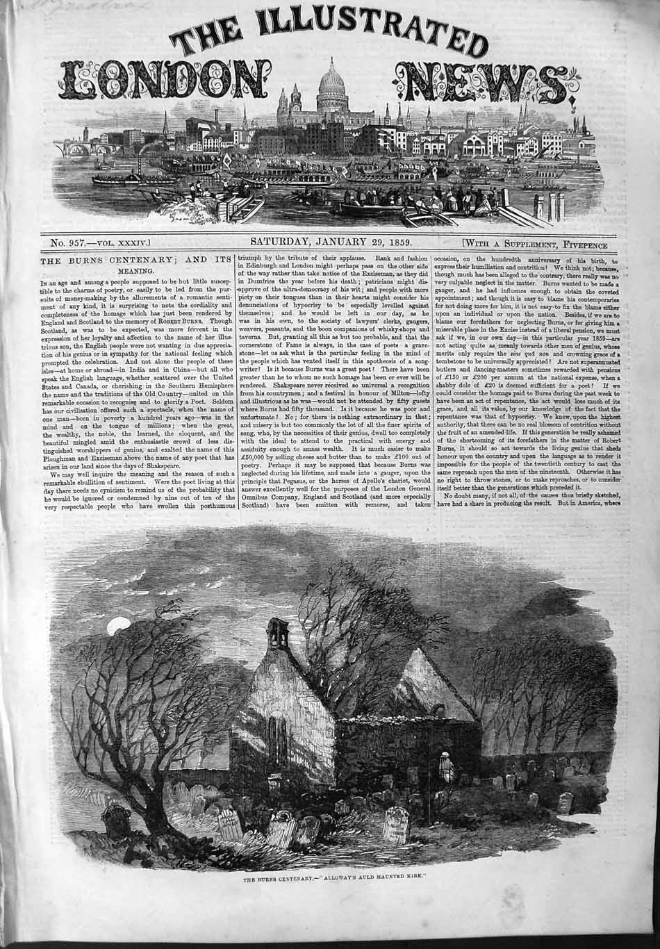 Old Antique Print 1859 Burns Centenary Alloway Auld Haunted Kirk Church 19th