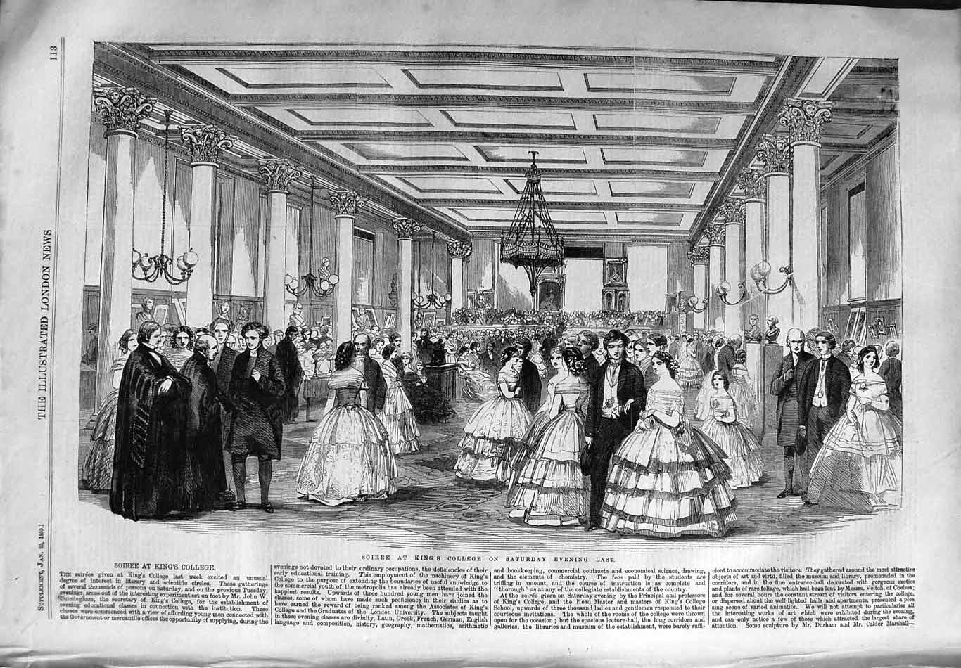 Original Old Antique Print 1859 Soiree Kings College Romance Dancing Victorian