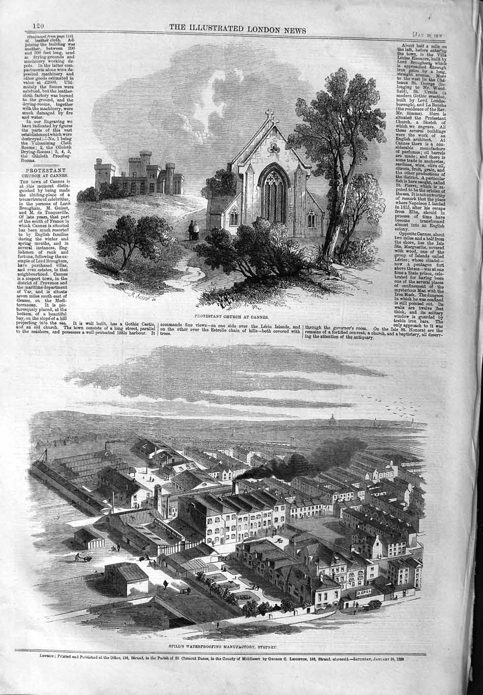 Old Antique Print 1859 Protestant Church Cannes Spill Manufactory Stepney 19th
