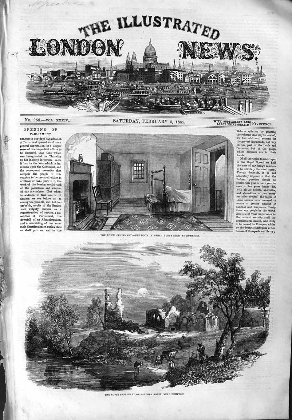 Old Antique Print 1859 Burns Centenary Dumfries Lincluden Abbey Scotland 19th