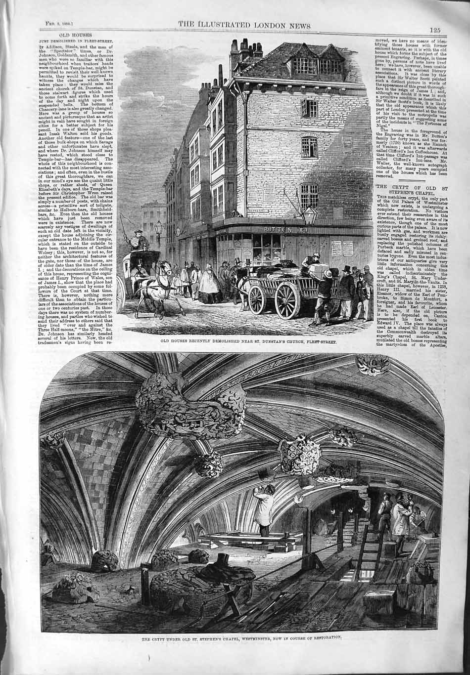 Original Old Antique Print 1859 Houses Dunstan Church Crypt Chapel Westminster