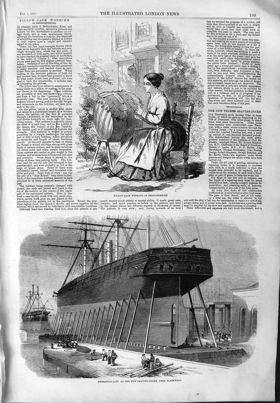 Original Old Antique Print 1859 Pillow-Lace Bedfordshire Graving Dock Bl 19th